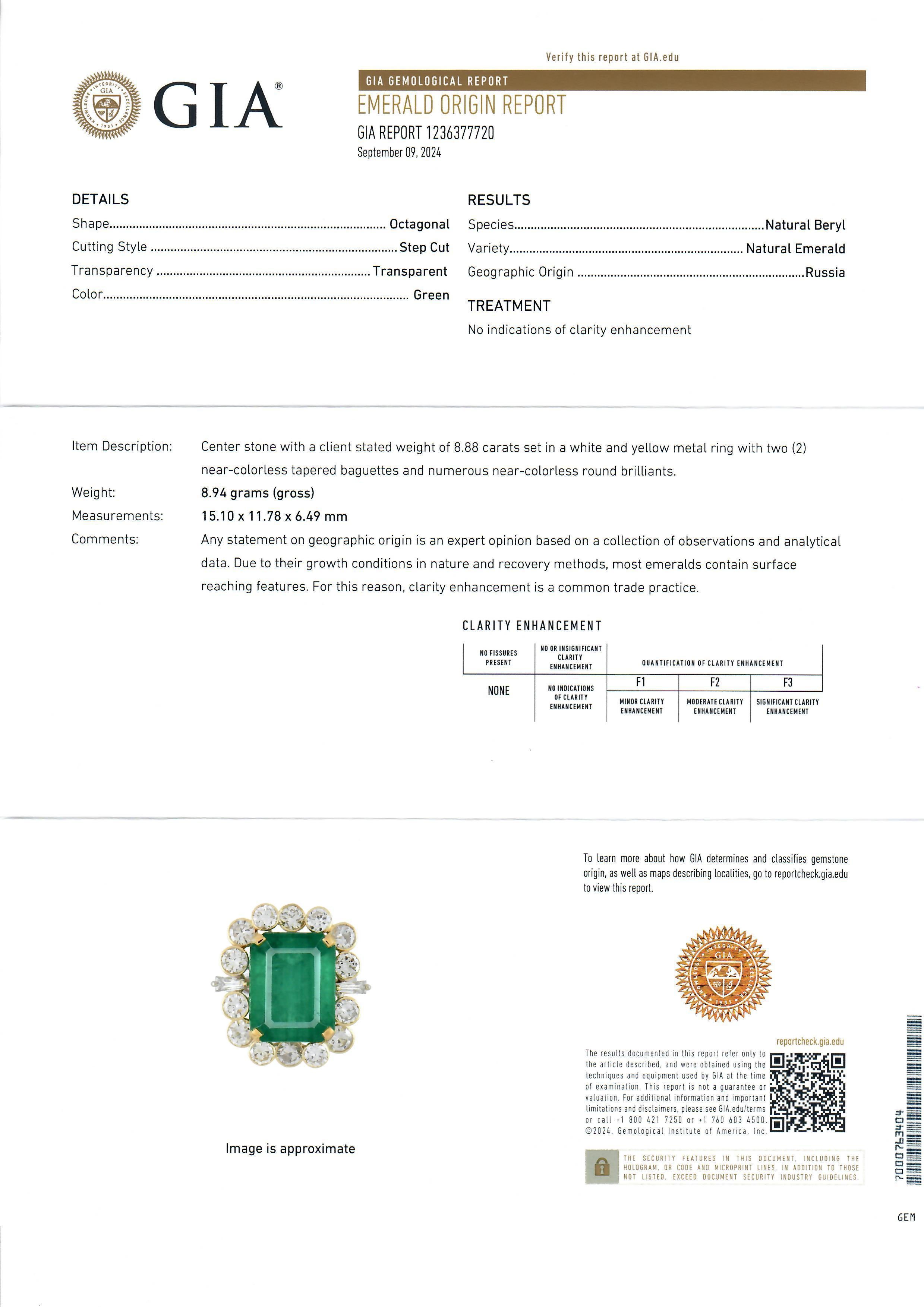 Women's Handmade 14k Gold GIA 11.38ctw No Oil Emerald w/ Diamond Halo Cocktail Ring For Sale