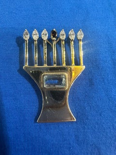 Handmade 14k Gold Menorah Brooch with Natural Diamonds & Aquamarine- 7.4g Israel