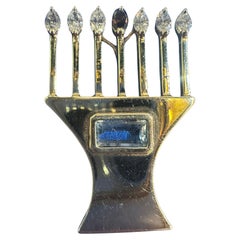 Handmade 14k Gold Menorah Brooch with Natural Diamonds & Aquamarine- 7.4g Israel