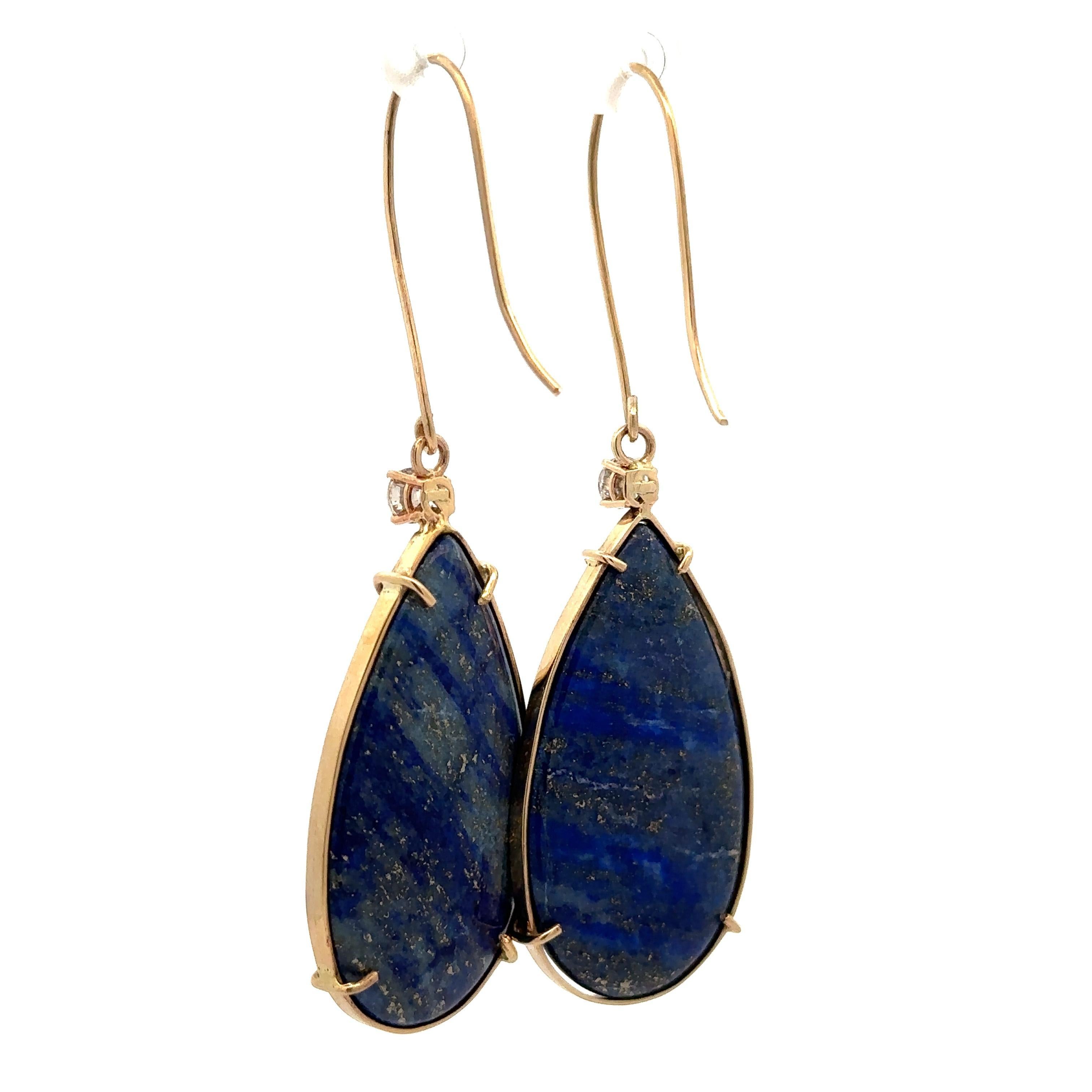 Cabochon Orecchini a goccia con pera cabochon di lapis e diamanti, fatti a mano in oro 14k in vendita