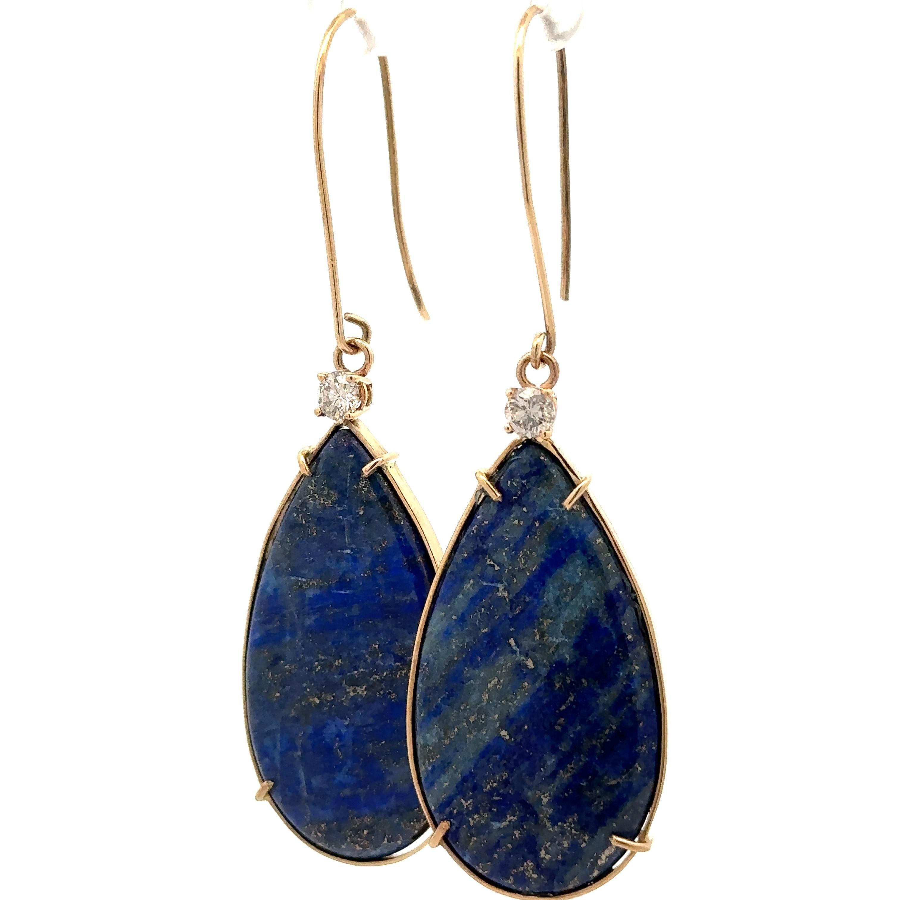 Donna Orecchini a goccia con pera cabochon di lapis e diamanti, fatti a mano in oro 14k in vendita