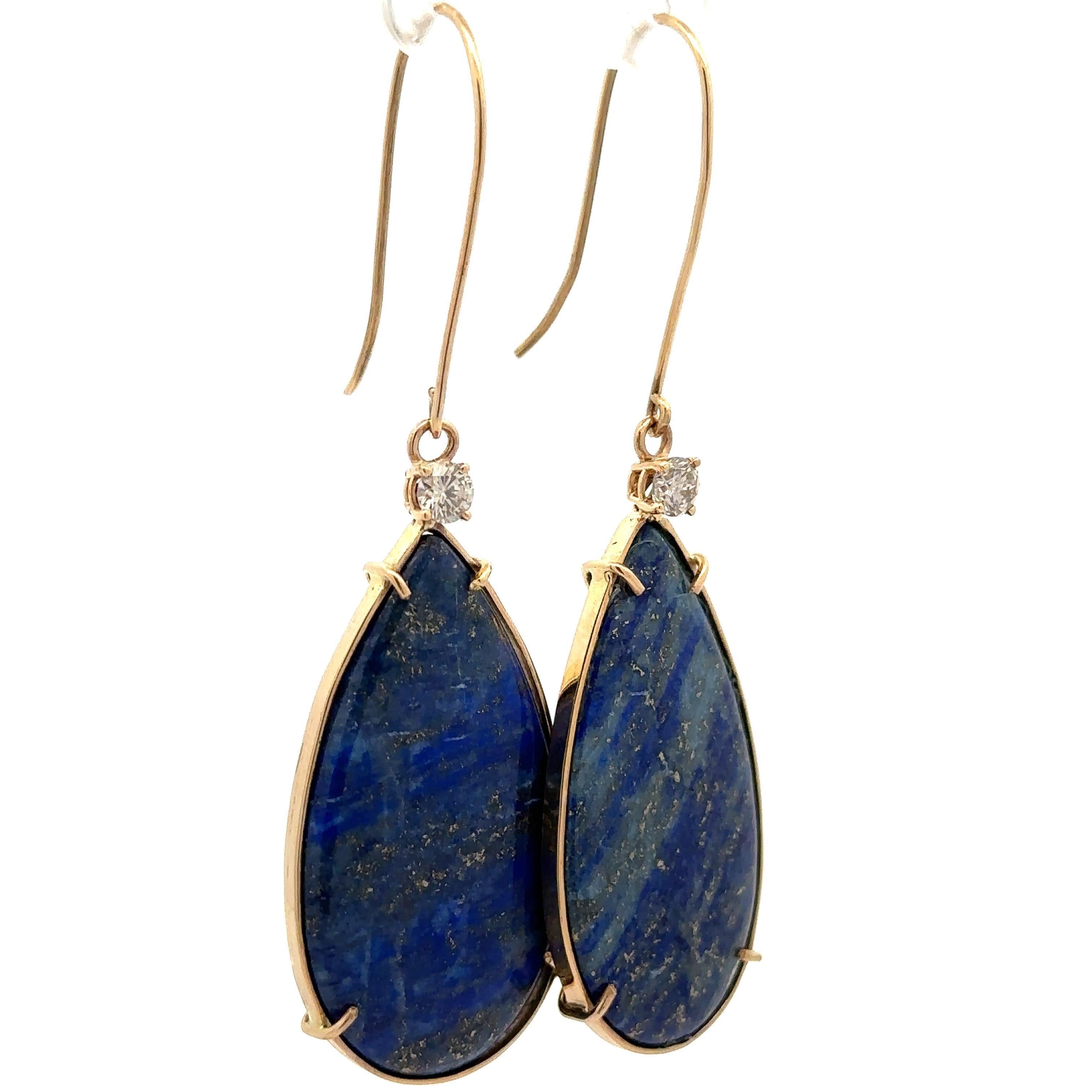 Orecchini a goccia con pera cabochon di lapis e diamanti, fatti a mano in oro 14k in vendita 1