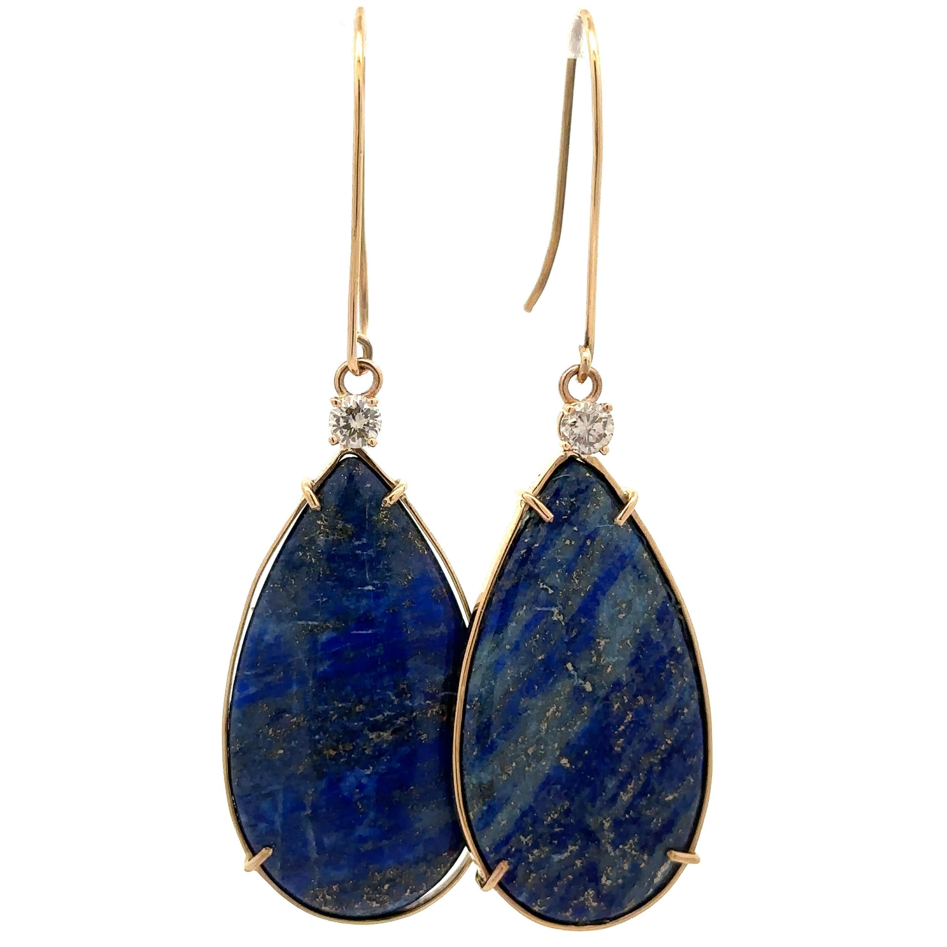 Orecchini a goccia con pera cabochon di lapis e diamanti, fatti a mano in oro 14k in vendita 2