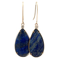 Handmade 14k Gold Pear Cabochon Lapis & Diamond Dangle Tear Drop Earrings