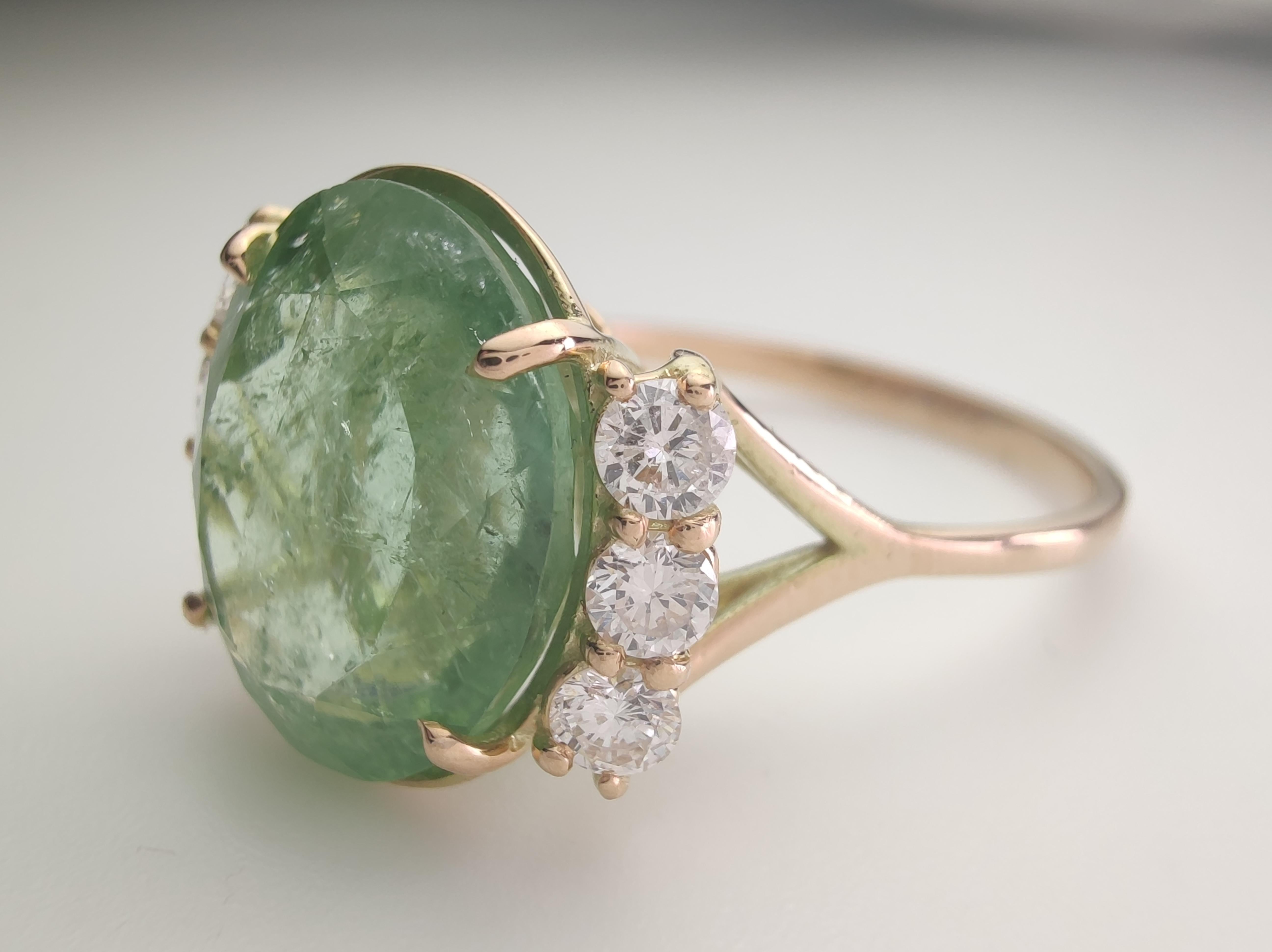 Women's Handmade 14K Gold Ring, 5.85 Carat Green Tourmaline - 0.33 Carat Diamonds For Sale