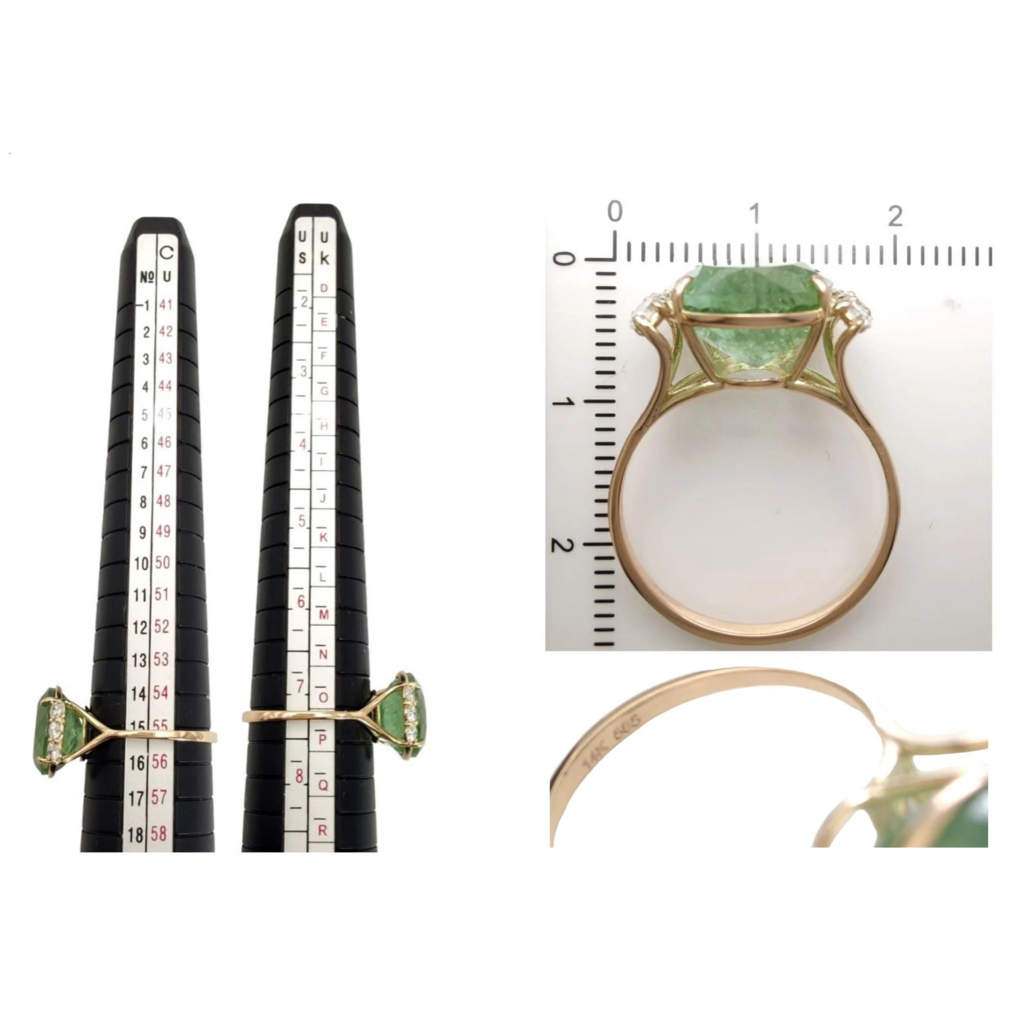 Handmade 14K Gold Ring, 5.85 Carat Green Tourmaline - 0.33 Carat Diamonds For Sale 3