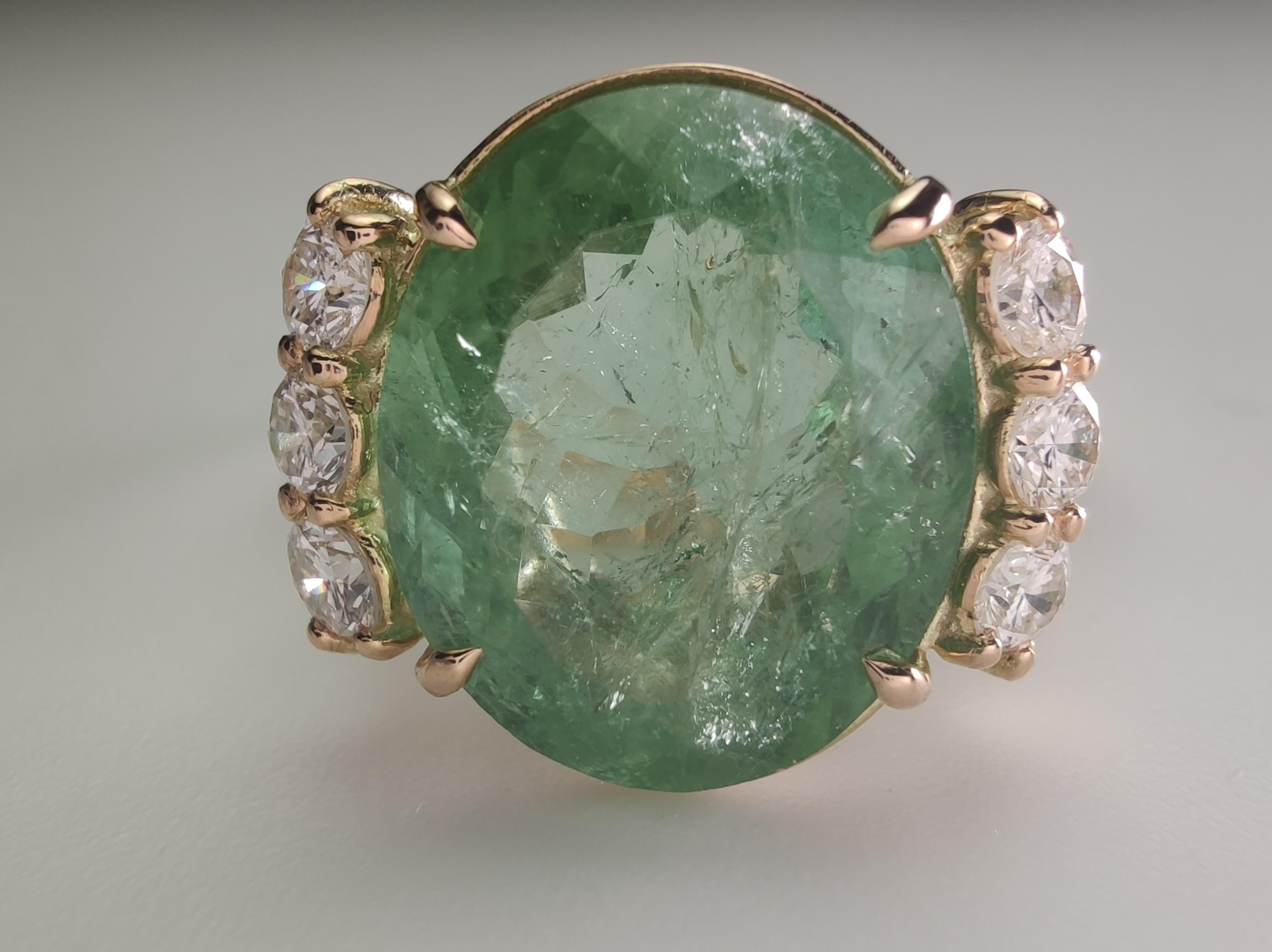 Handmade 14K Gold Ring, 5.85 Carat Green Tourmaline - 0.33 Carat Diamonds For Sale 1