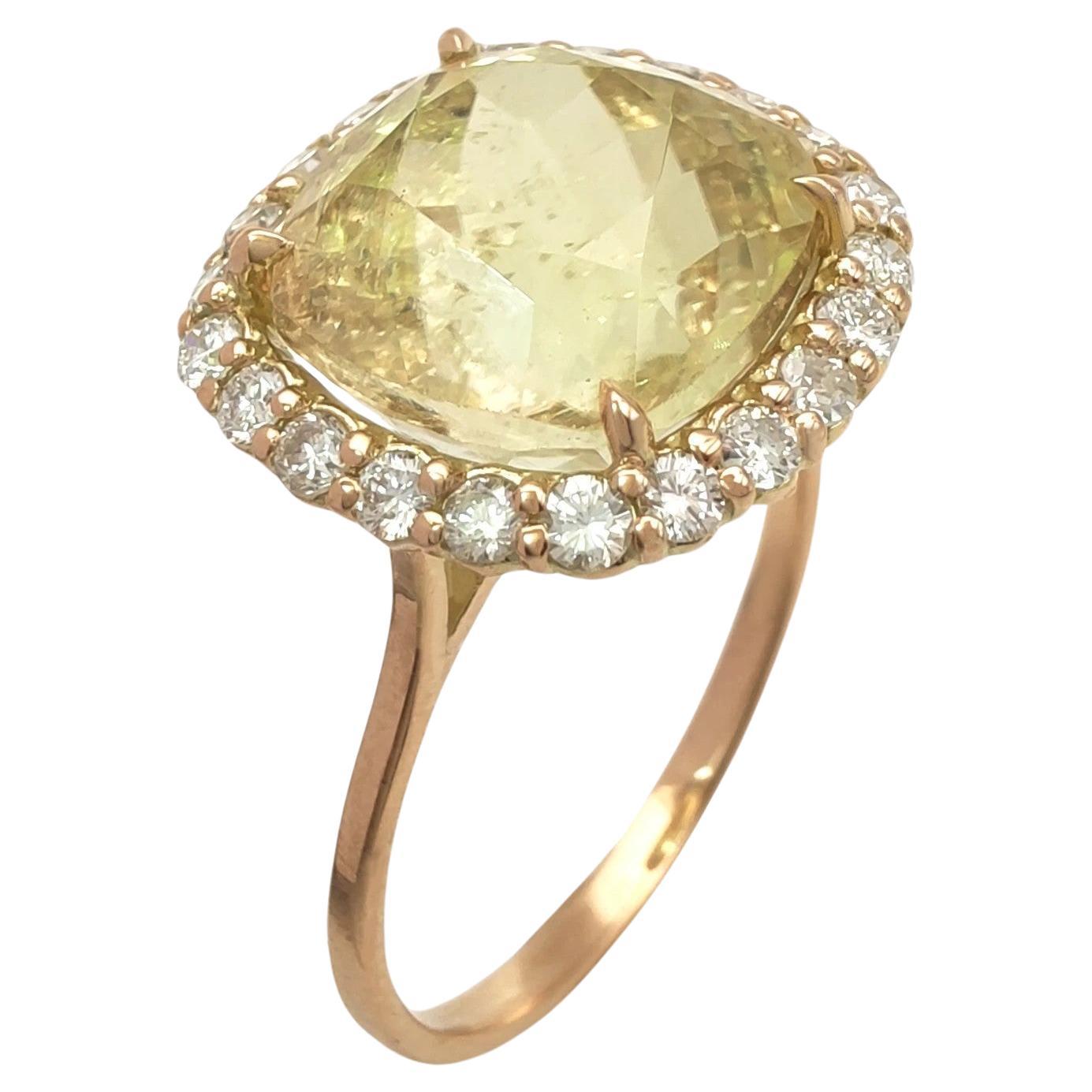 Handmade 14k Gold Ring  Certified 6.45 Carat Yellow Tourmaline 0.68 ct Diamonds For Sale