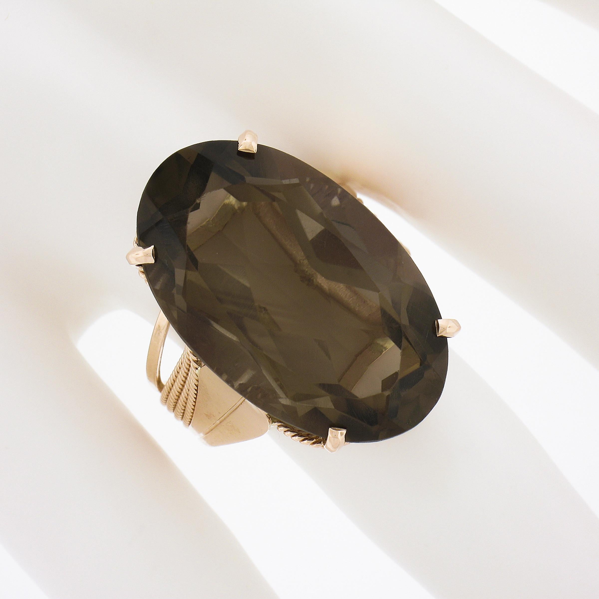 Handmade 14K Rose Gold Large Oval Smoky Quartz Solitaire Wire Work Cocktail Ring In Excellent Condition For Sale In Montclair, NJ