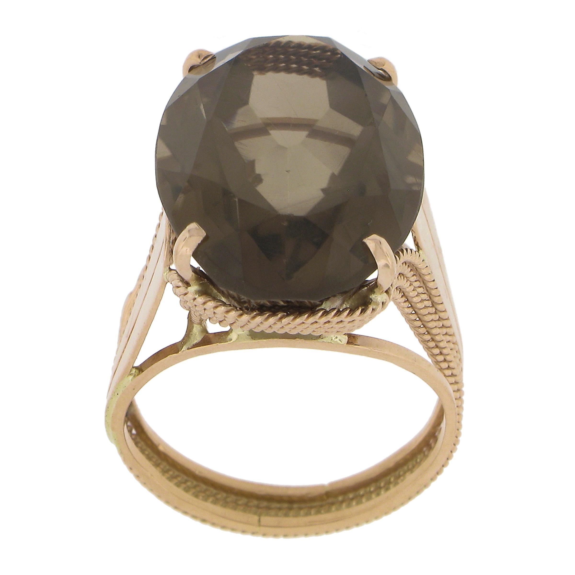 Handmade 14K Rose Gold Large Oval Smoky Quartz Solitaire Wire Work Cocktail Ring For Sale 2