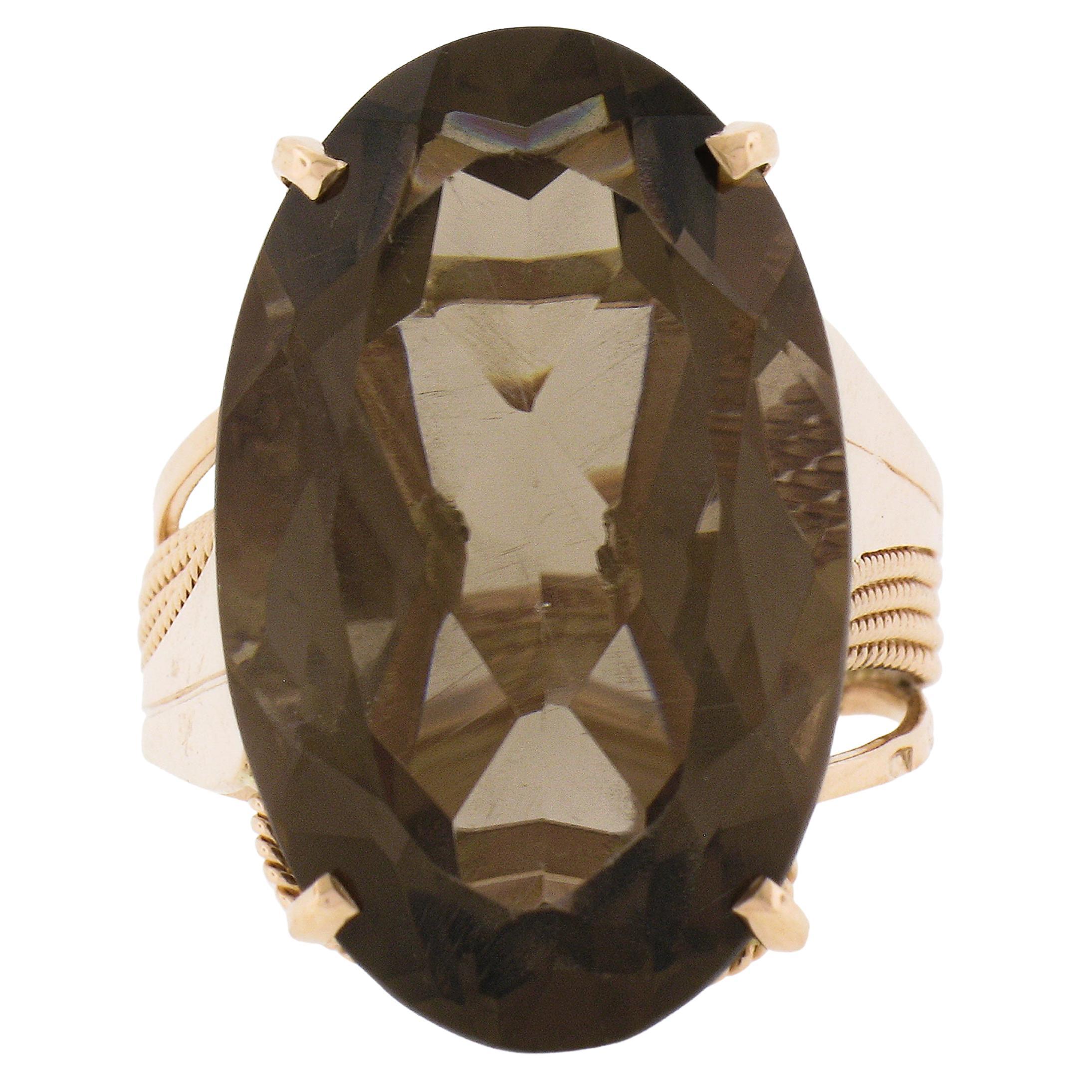 Handmade 14K Rose Gold Large Oval Smoky Quartz Solitaire Wire Work Cocktail Ring For Sale