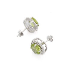 Handmade 14K Solid White Gold Flower Peridot Gemstone Stud Earrings
