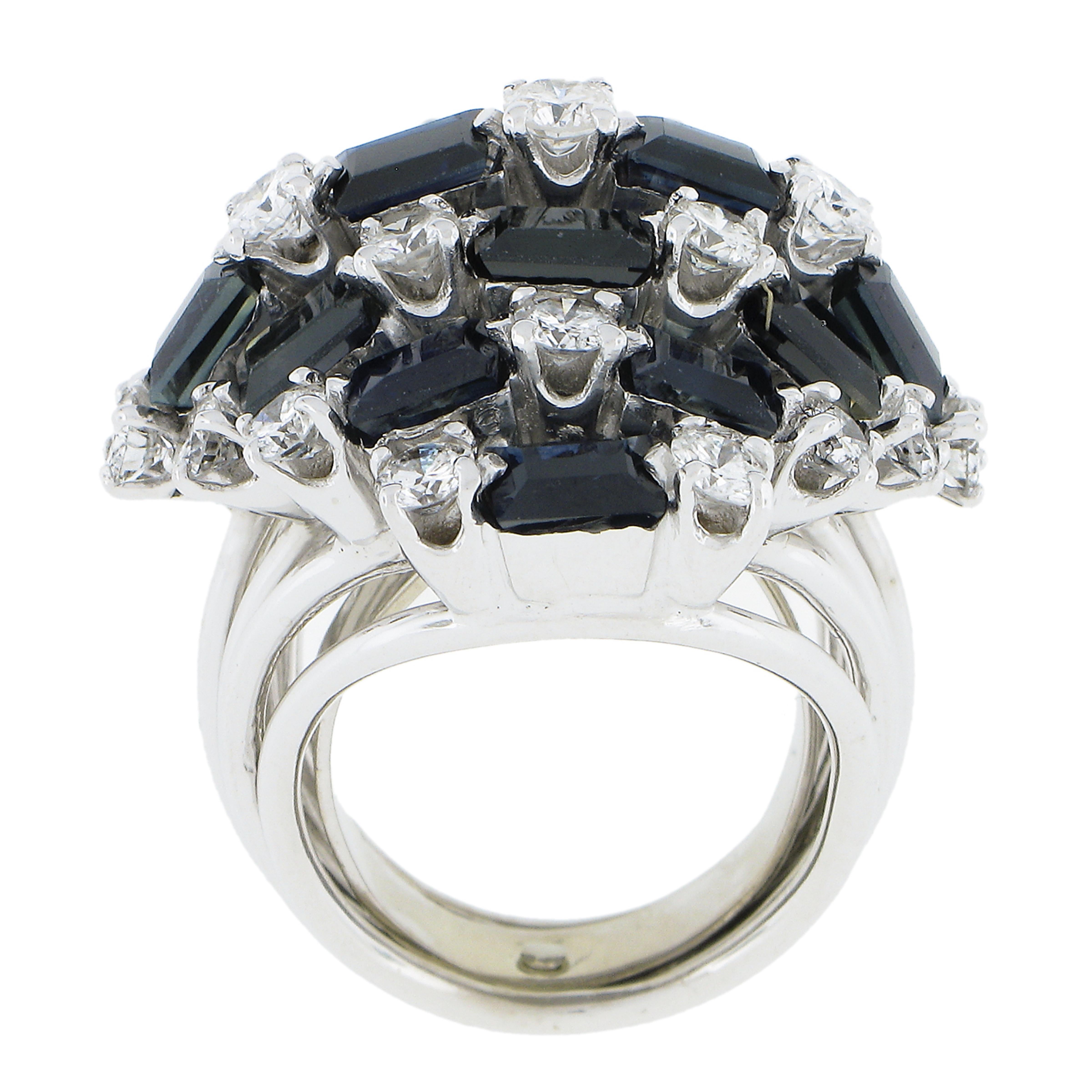 Handmade 14K White Gold 9ctw Baguette Sapphire Diamond Large Wire Cocktail Ring For Sale 3