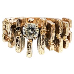 Handmade 14k Yellow Gold .30 Carat Diamond Brutalist Modernist Ring