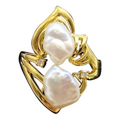 Handmade 14k Yellow Gold Baroque Freshwater Pearl & .06 Carat Diamond Ring