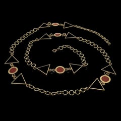 Handmade 14k Yellow Gold Coral & Black Onyx Long 30" Geometric Station Necklace