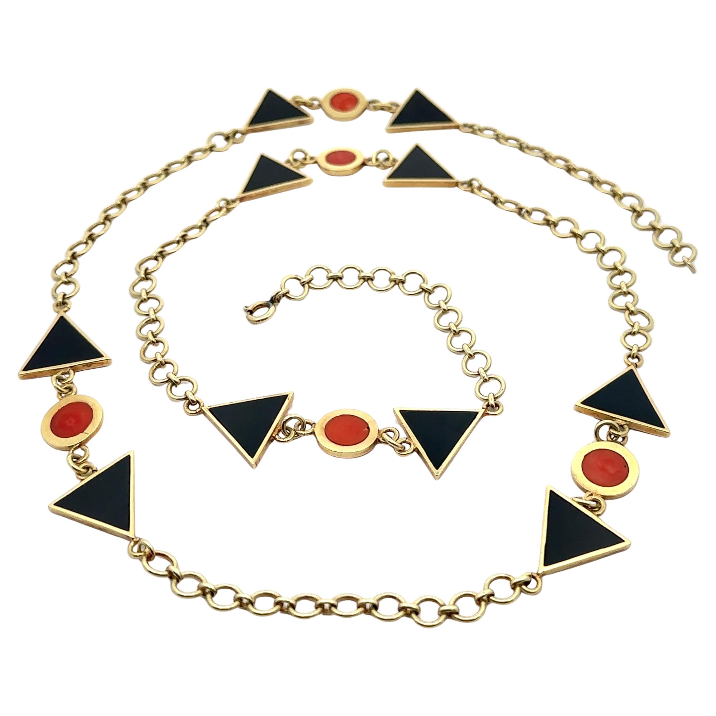 Handgefertigte 14k Gelbgold Koralle & Schwarzer Onyx Lange 30" Geometrische Station Halskette