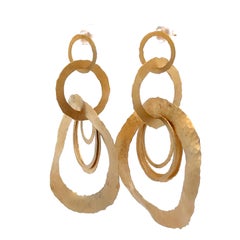 Handmade 14k Yellow Gold Hammered Finish Long Interlocking Rings Dangle Earrings