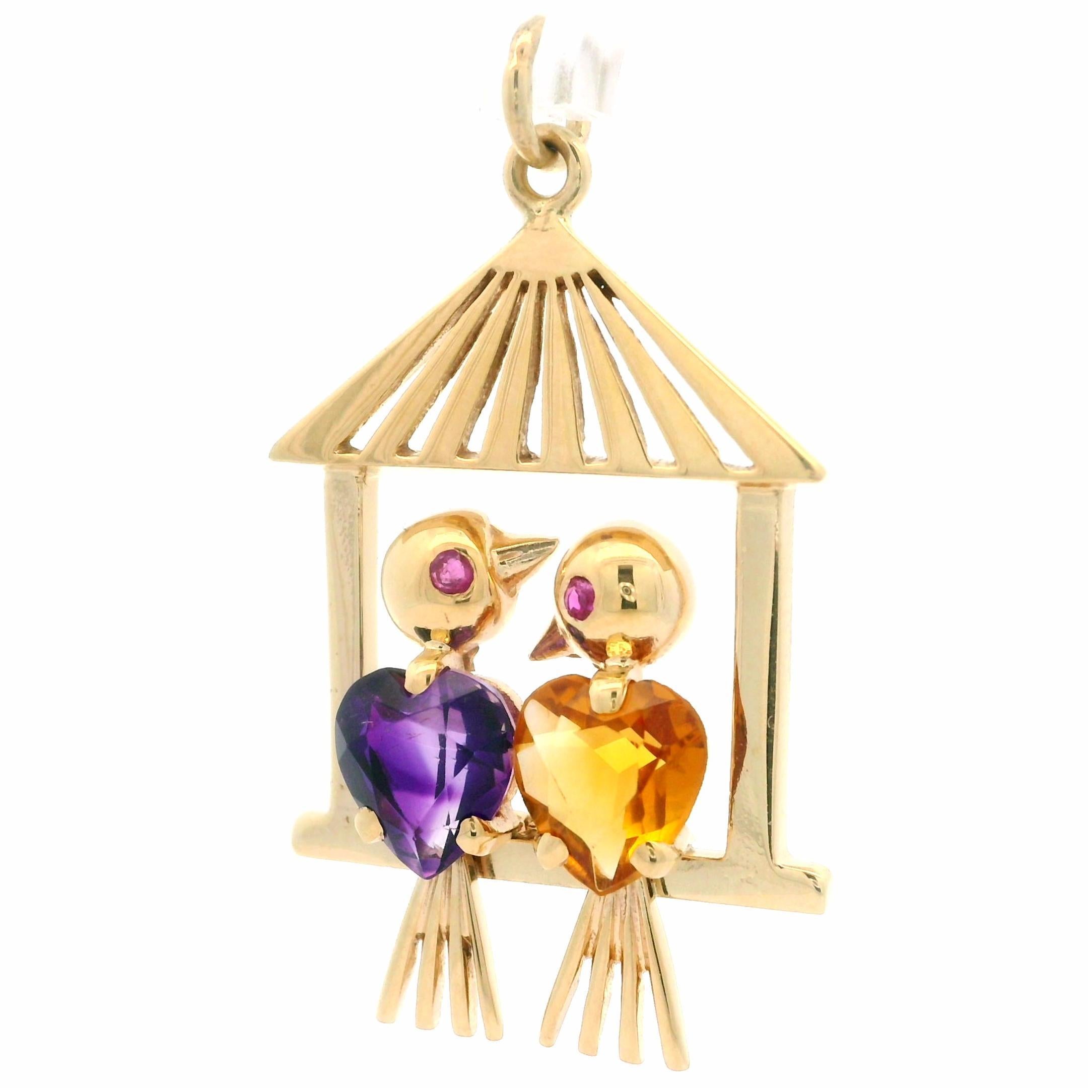 Taille cœur Améthyste en or jaune 14 carats faite à la main  Pendentif « 2 Lovebirds on a Cage » en citrine en vente
