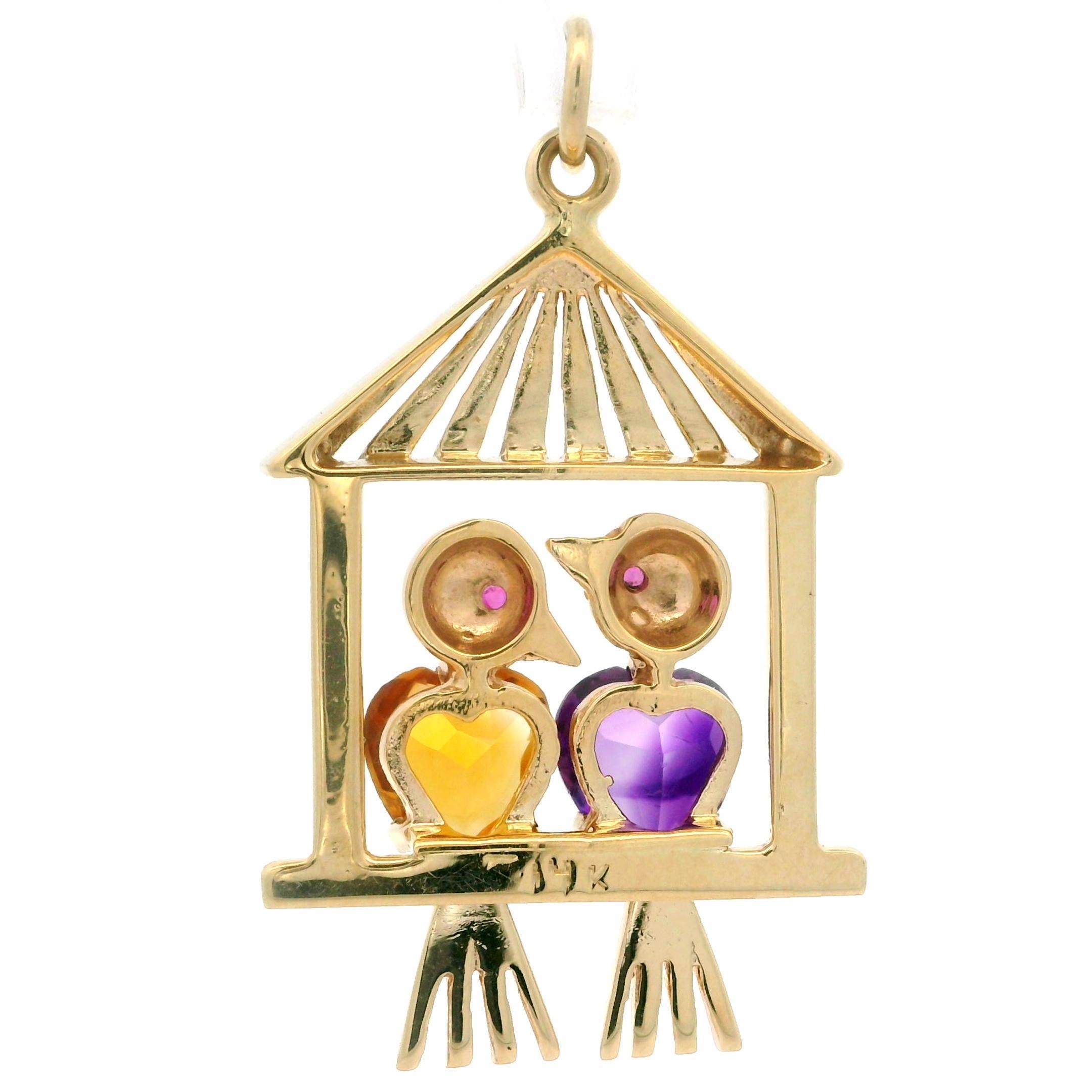 Améthyste en or jaune 14 carats faite à la main  Pendentif « 2 Lovebirds on a Cage » en citrine Excellent état - En vente à Montclair, NJ