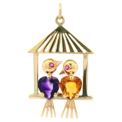 Handmade 14k Yellow Gold Heart Amethyst  Citrine 2 Lovebirds on a Cage Pendant