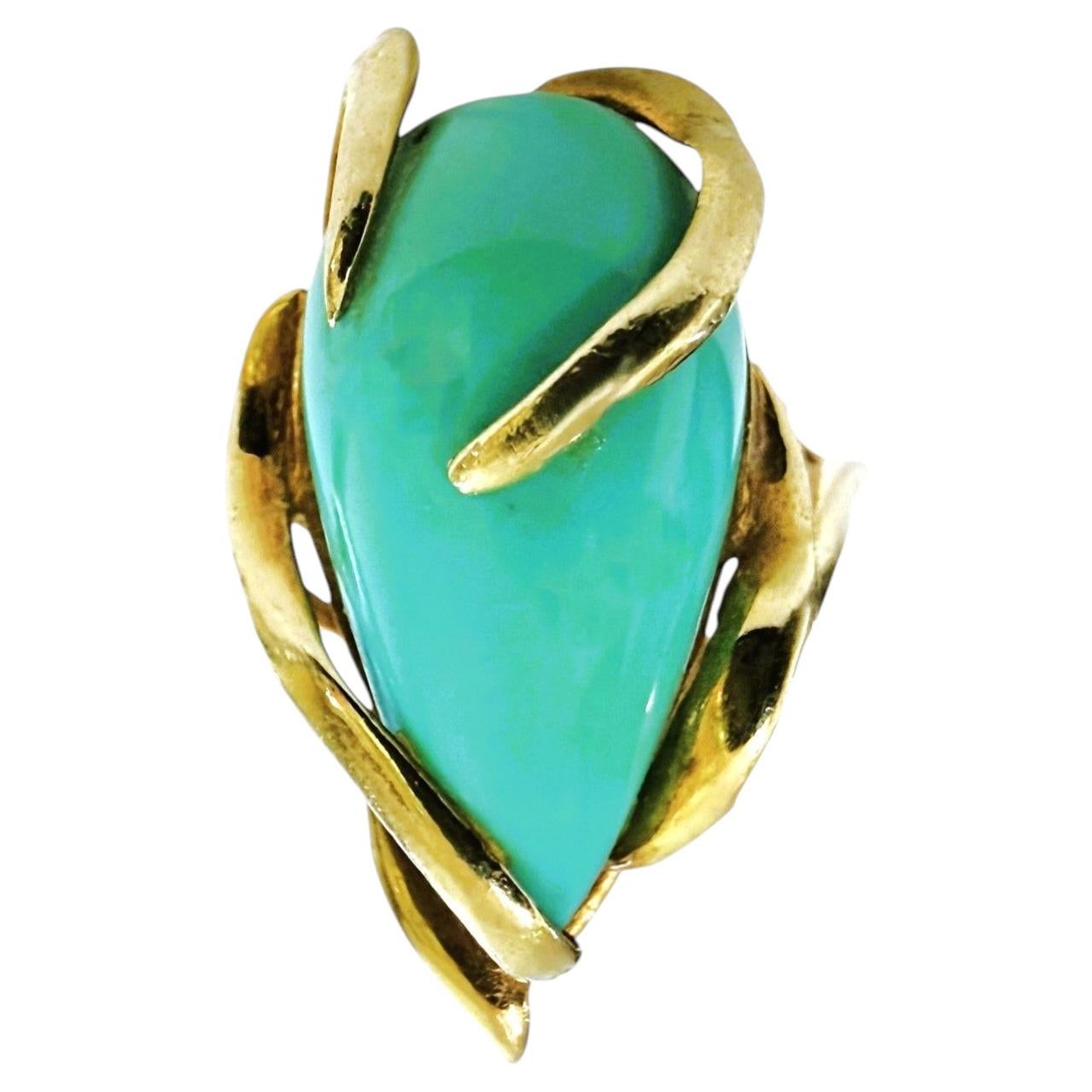 Handmade 14k Yellow Gold Natural 3.36 Carat Turquoise Ring Size 6.25