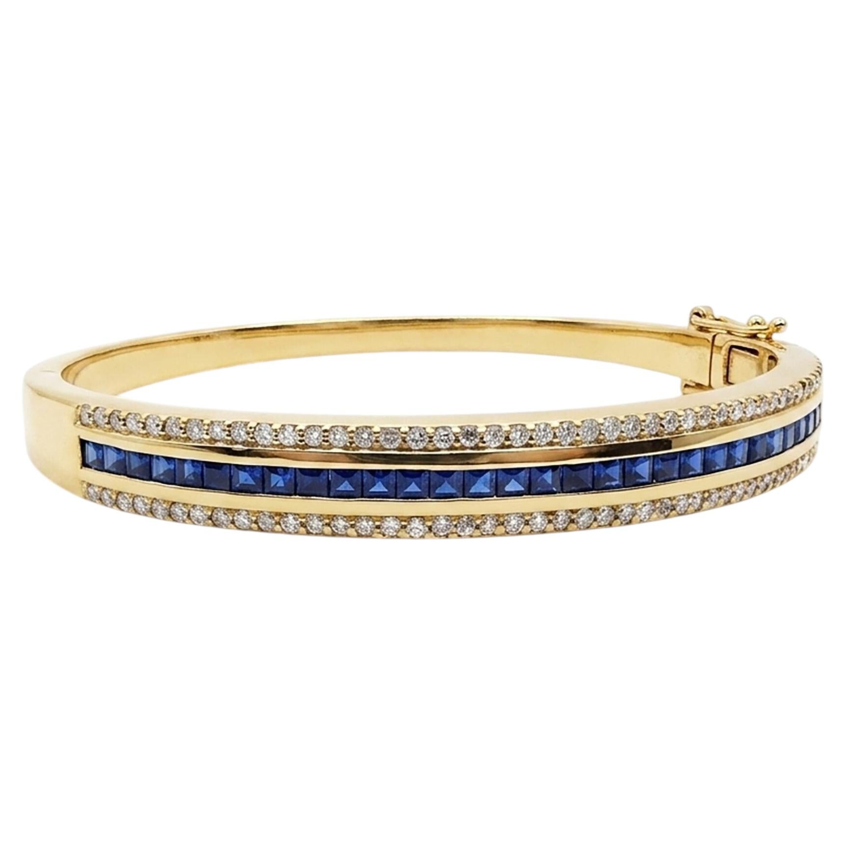 Handmade 14K Yellow Gold Natural Blue Sapphire Diamond Bangle Bracelet Unisex