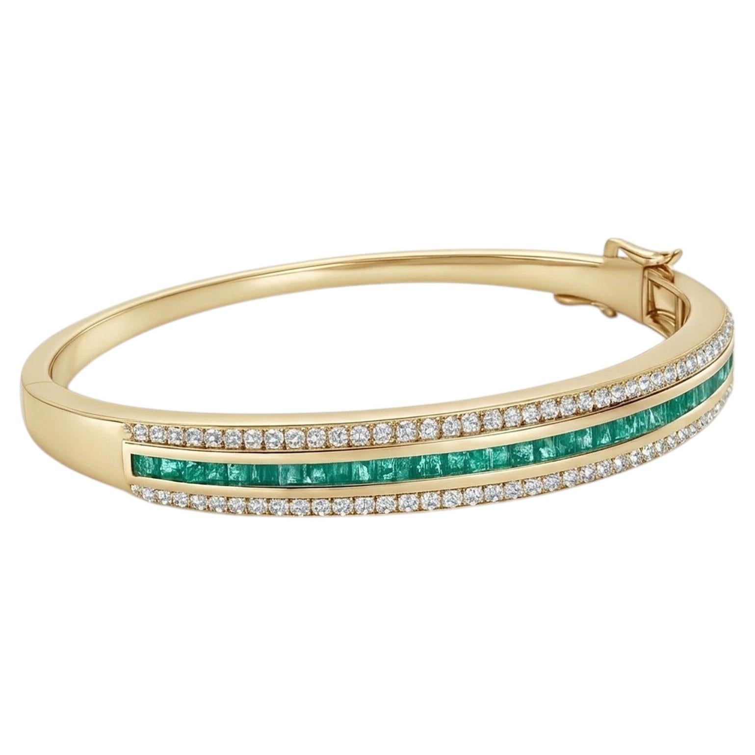Handmade 14K Yellow Gold Natural Zambian Emerald and Diamond Bangle Bracelet