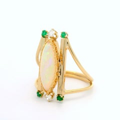 Handmade 14k Yellow Gold Navette Opal w/ Diamond & Emerald Accent Statement Ring