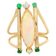 Handmade 14k Yellow Gold Navette Opal w/ Diamond & Emerald Accent Statement Ring
