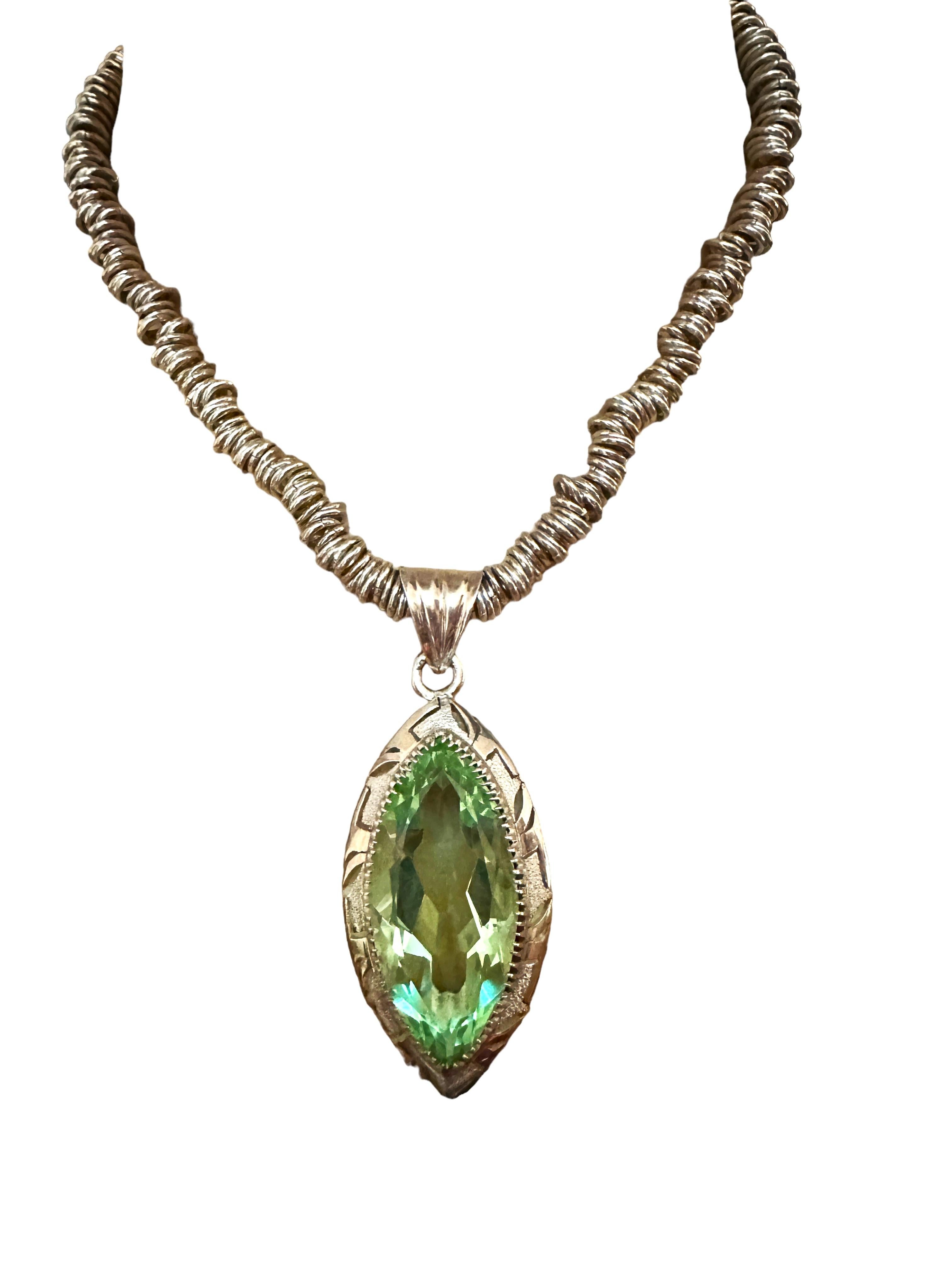 Handmade 16 Inch Ornate Sterling Silver Pendant Necklace with Green Quartz For Sale 4