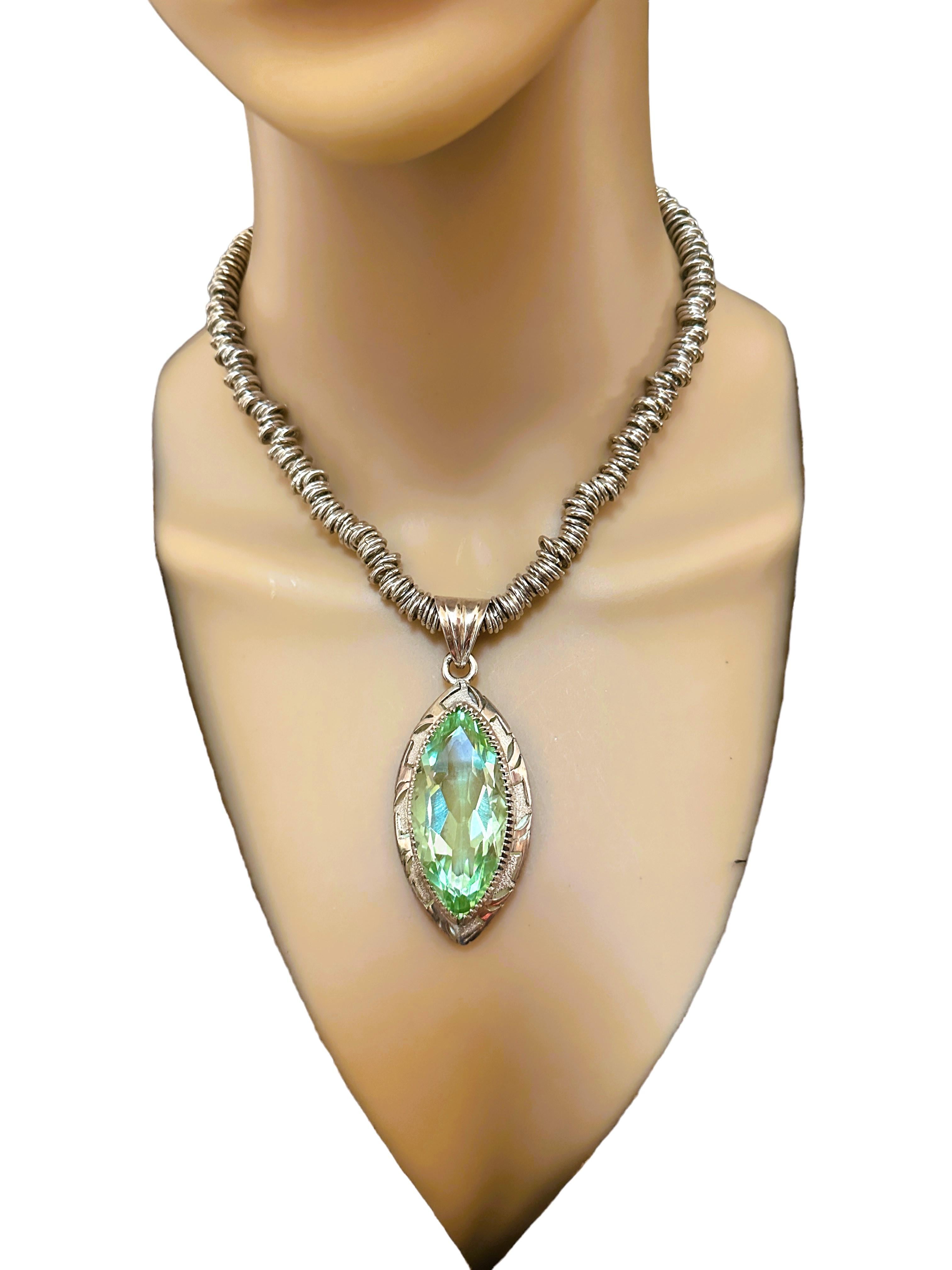 Handmade 16 Inch Ornate Sterling Silver Pendant Necklace with Green Quartz For Sale 5