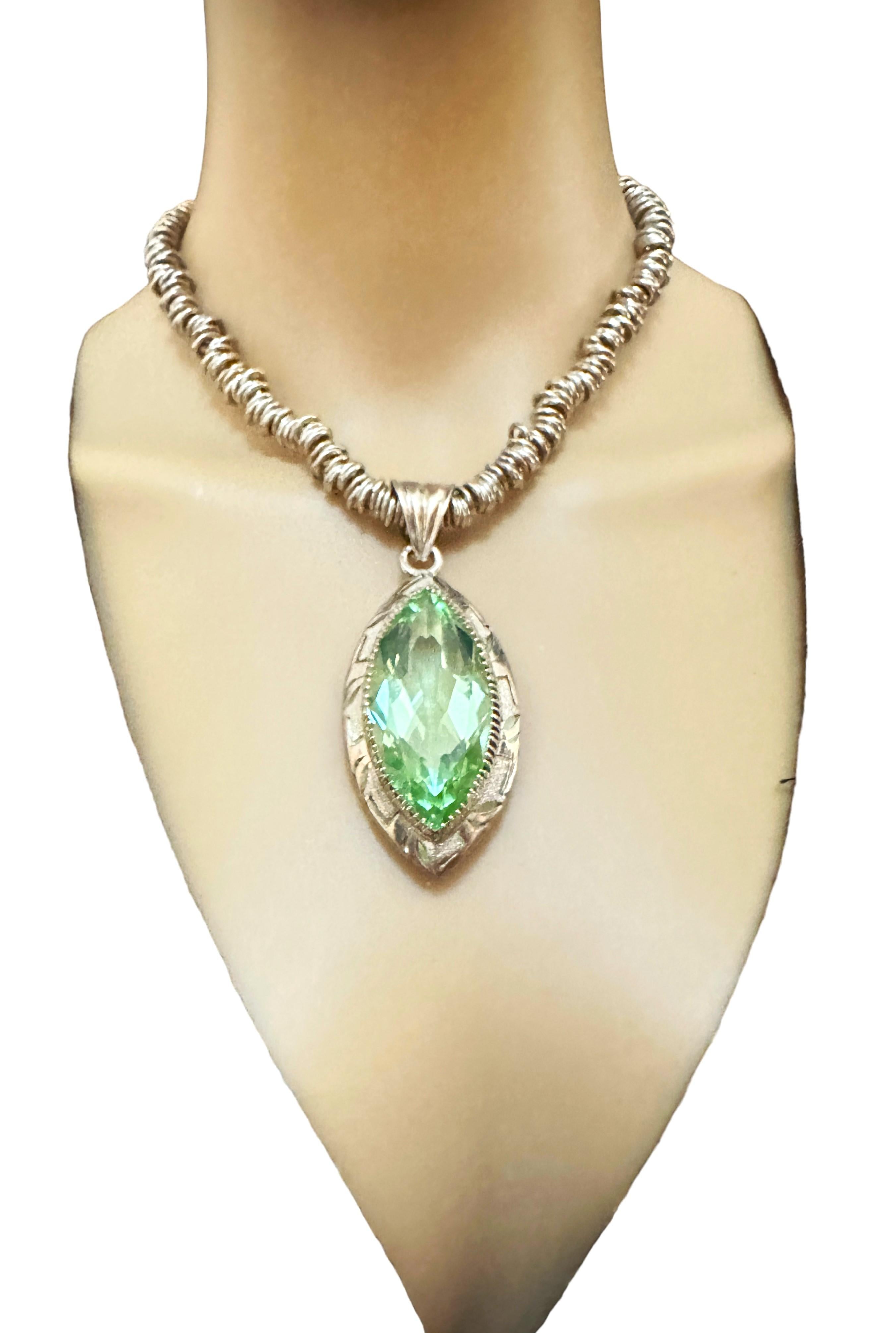 Handmade 16 Inch Ornate Sterling Silver Pendant Necklace with Green Quartz For Sale 6