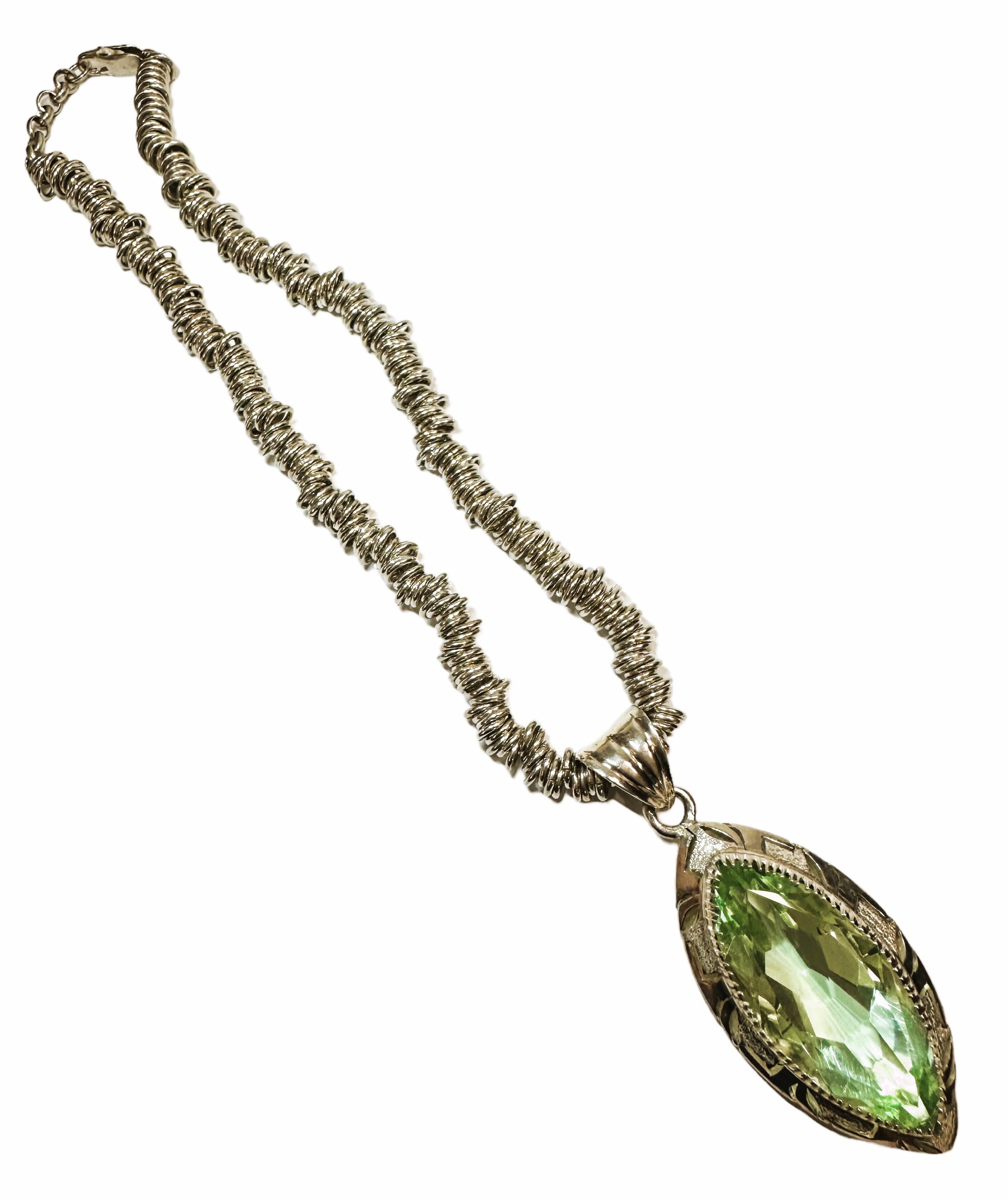 Modernist Handmade 16 Inch Ornate Sterling Silver Pendant Necklace with Green Quartz For Sale