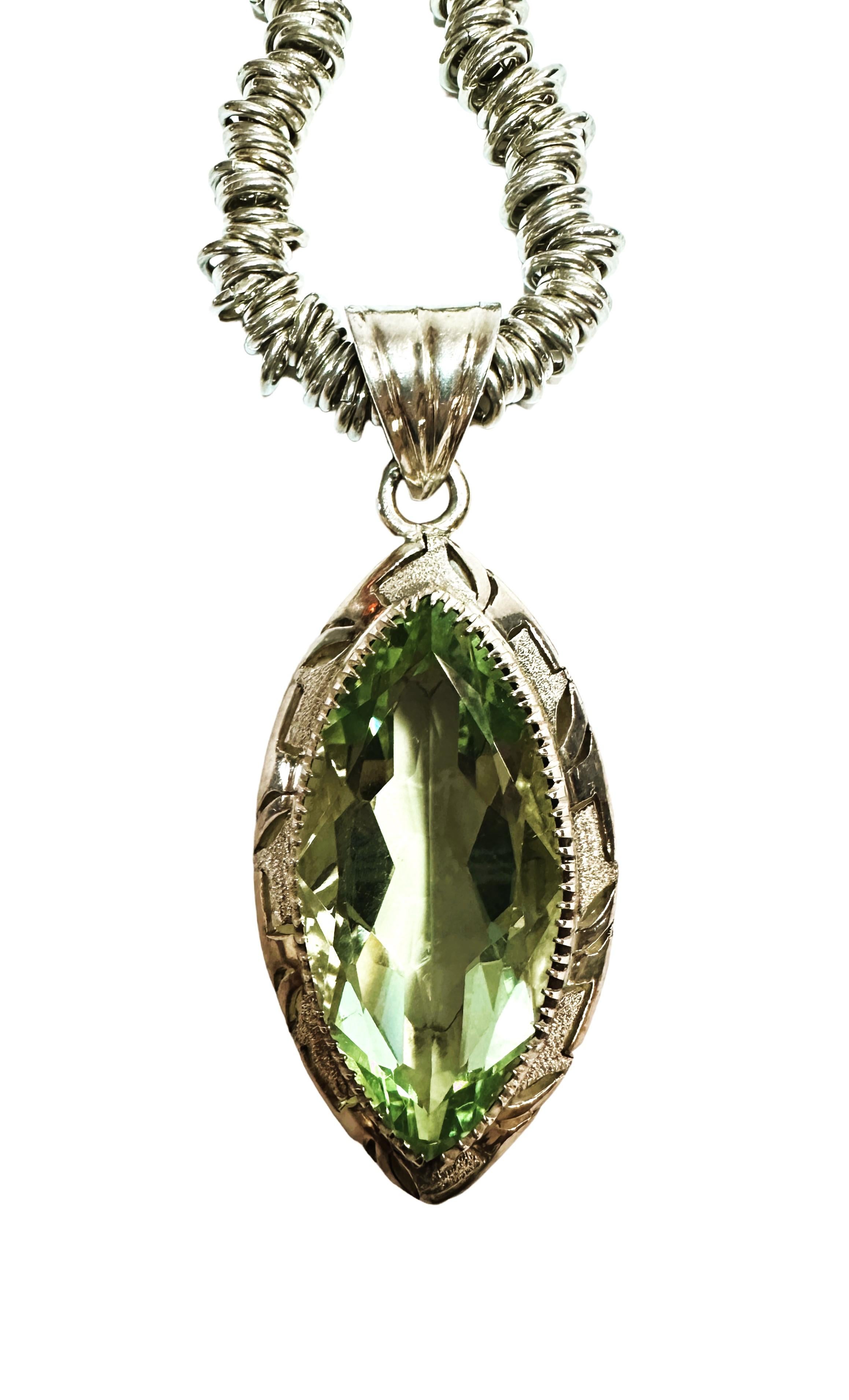 Marquise Cut Handmade 16 Inch Ornate Sterling Silver Pendant Necklace with Green Quartz For Sale