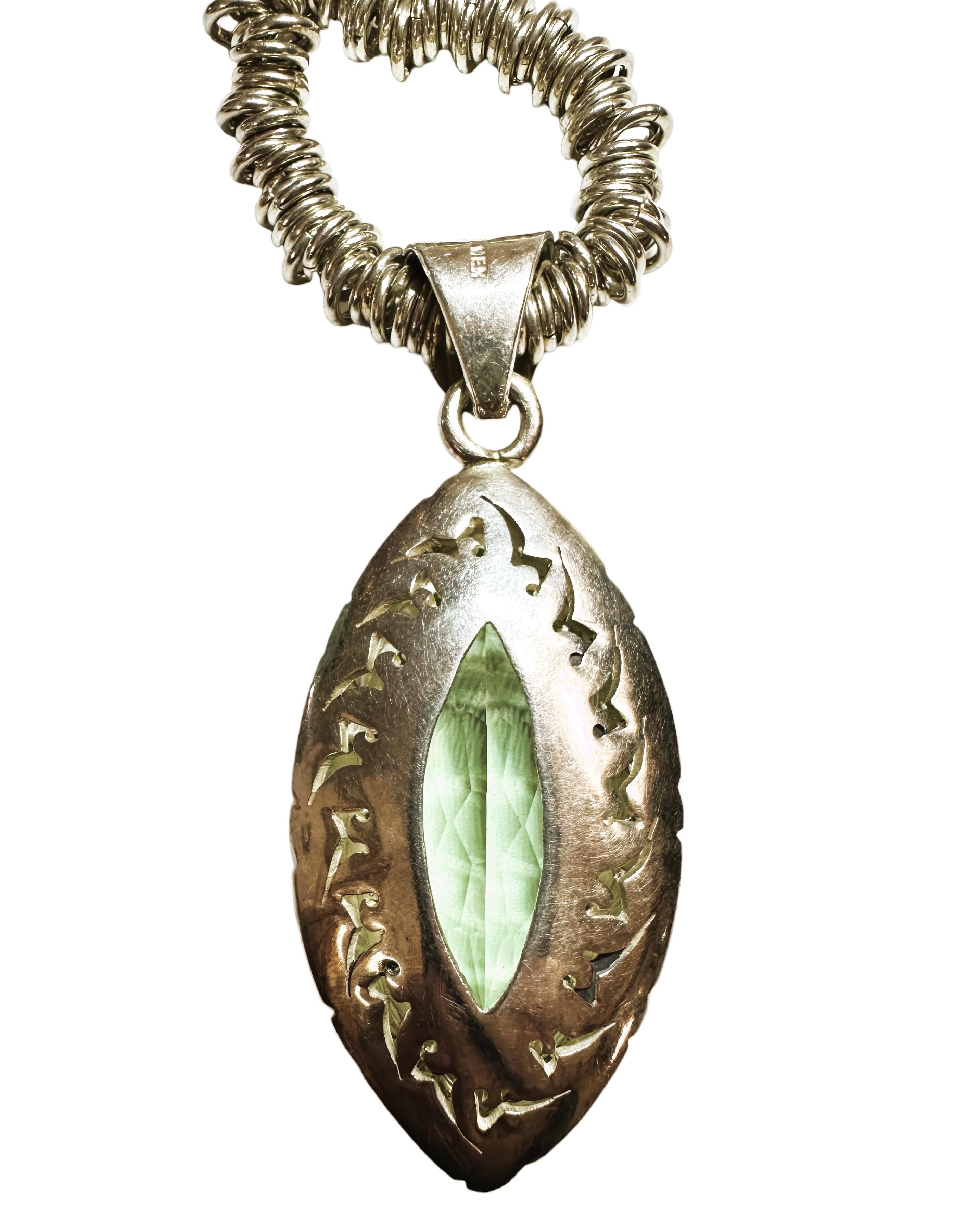 Handmade 16 Inch Ornate Sterling Silver Pendant Necklace with Green Quartz In Excellent Condition For Sale In Eagan, MN