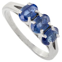 Anello unisex a tre pietre con zaffiro blu da 1,65 carati, fatto a mano e realizzato in argento 925.