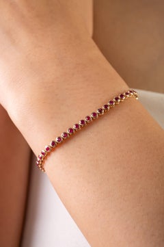 Handmade 1.65 CT Natural Round Ruby Bezel Set Tennis Bracelet in 14K Yellow Gold
