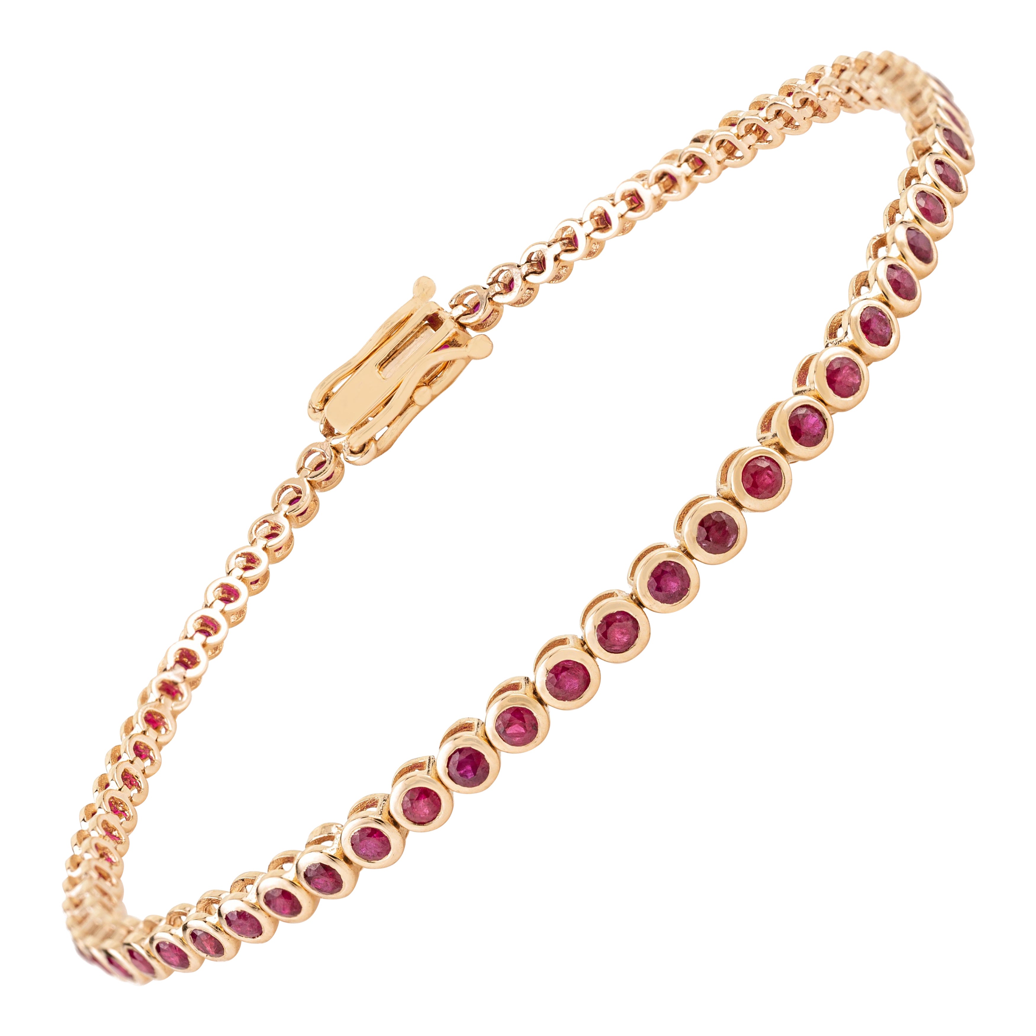Handmade 1.65 CT Natural Round Ruby Bezel Set Tennis Bracelet in 14K Yellow Gold