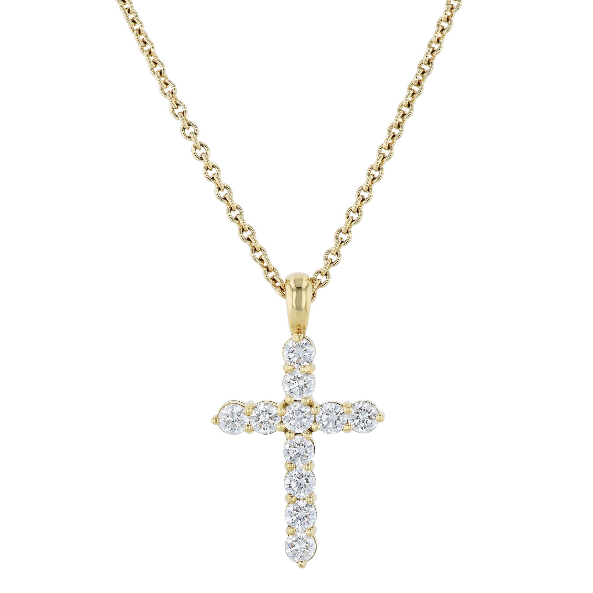 Brilliant Cut Handmade 1.68 Carat Diamond Cross Pendant Yellow Gold Necklace For Sale
