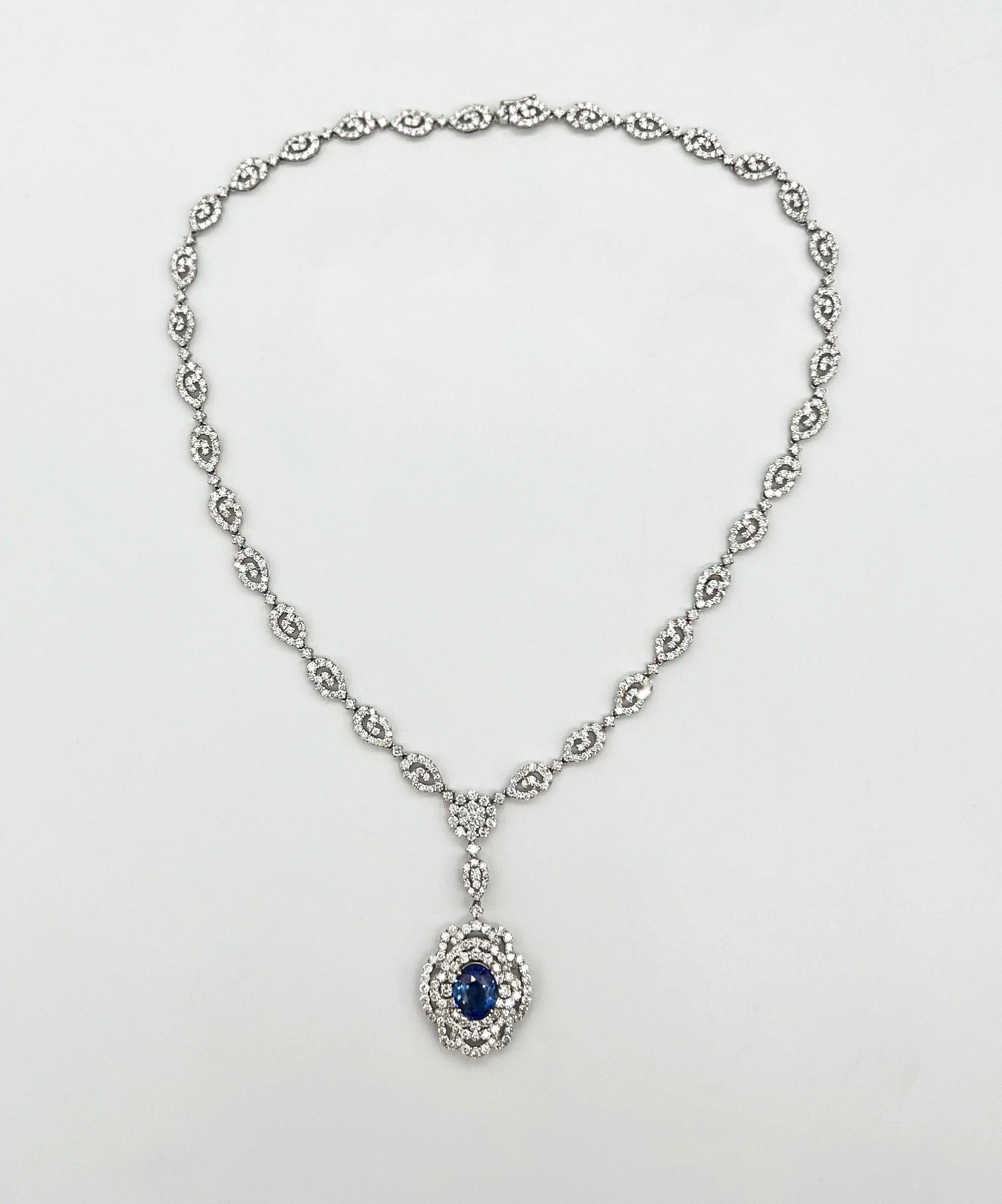 Oval Cut Handmade 17.17 Total Carat Sapphire and Diamond White Gold Pendant Necklace, GIA For Sale
