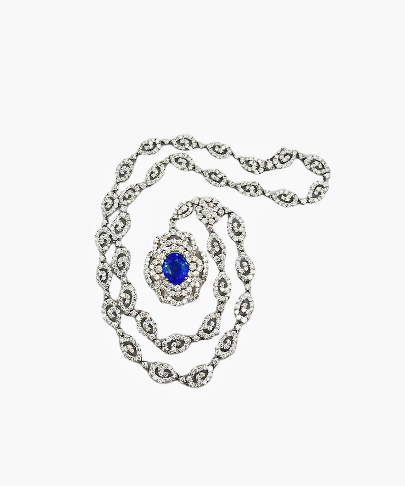 Women's or Men's Handmade 17.17 Total Carat Sapphire and Diamond White Gold Pendant Necklace, GIA For Sale