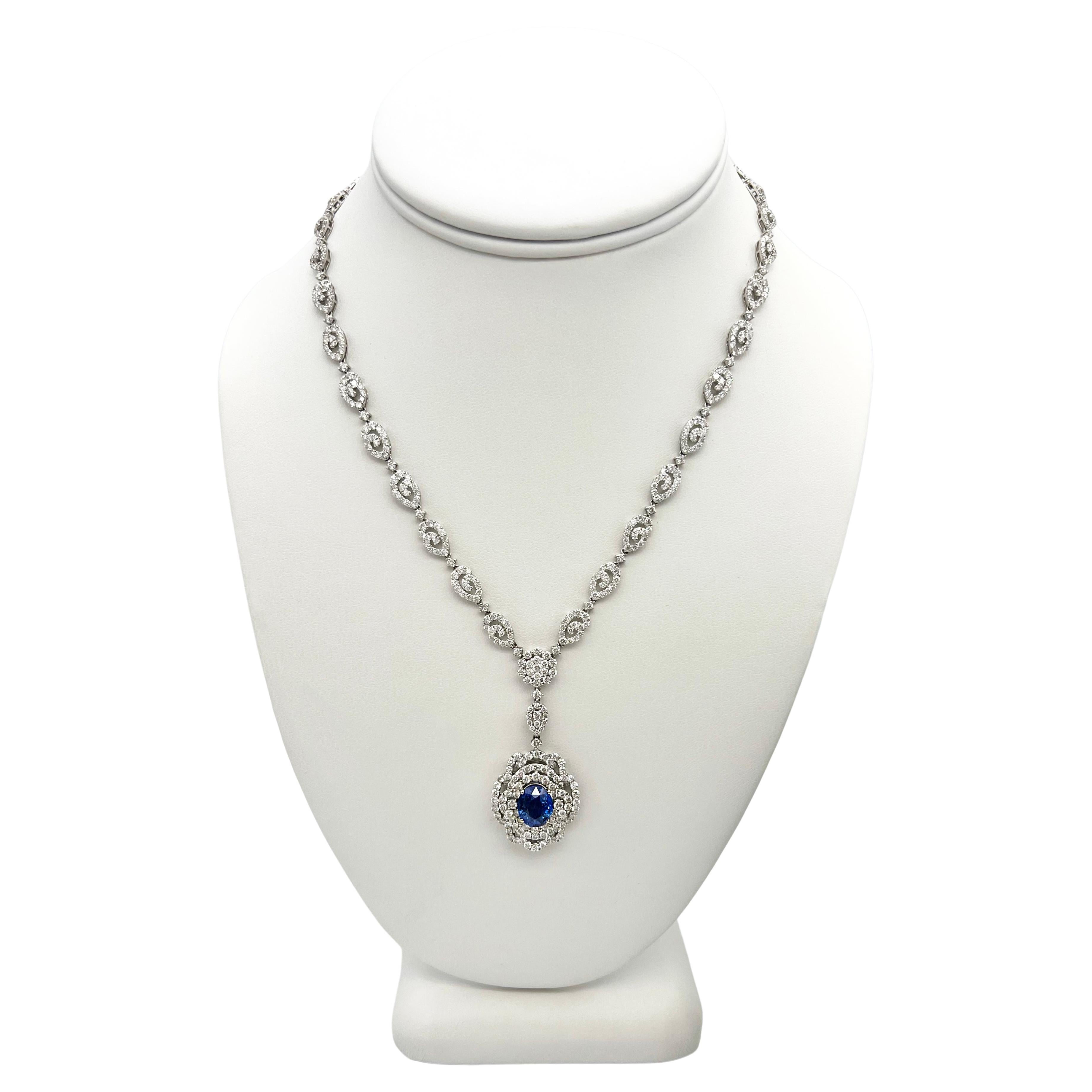 Handmade 17.17 Total Carat Sapphire and Diamond White Gold Pendant Necklace, GIA For Sale