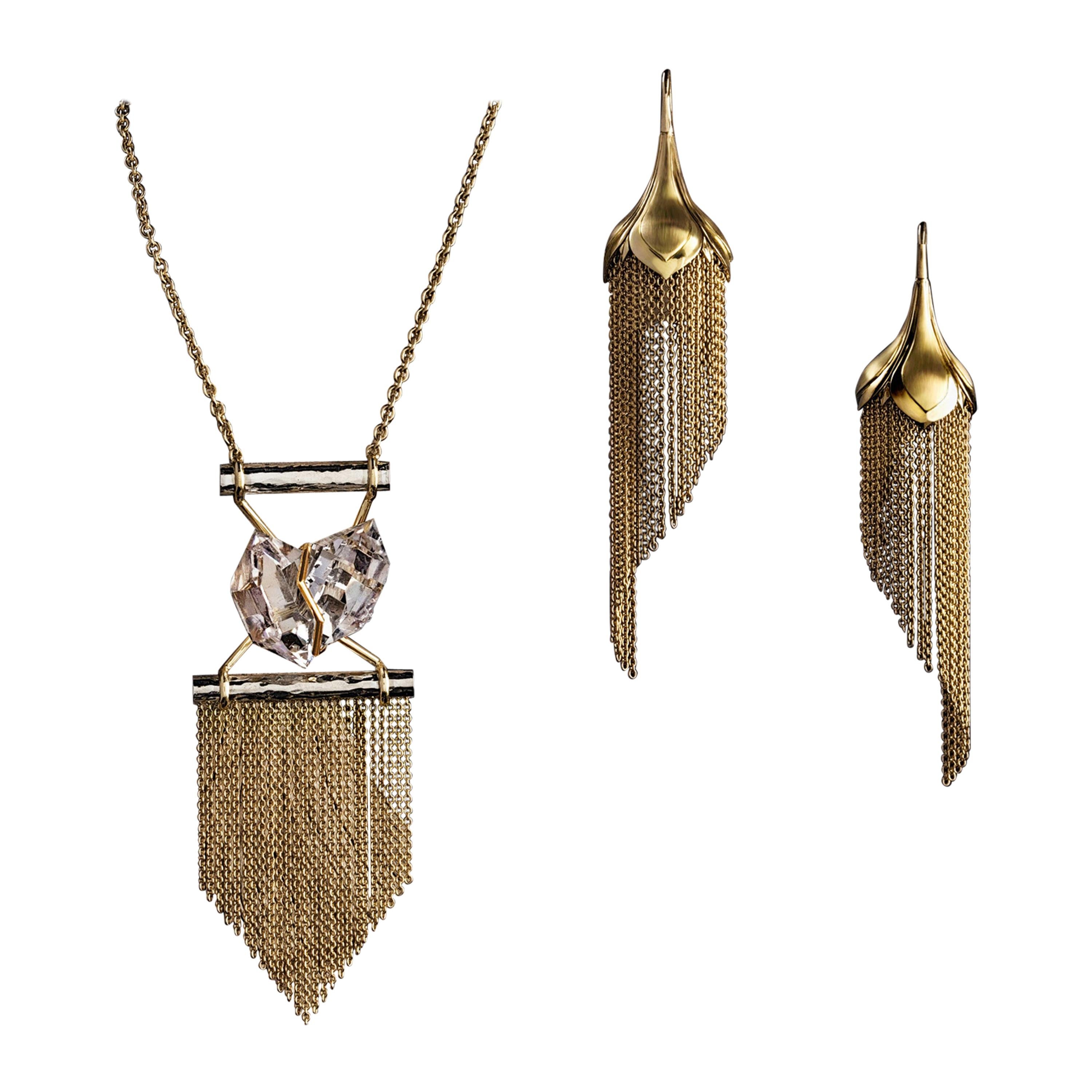 Handmade 18 Carat Gold Tassel Pendants and Matching Chandelier Drop Earrings For Sale