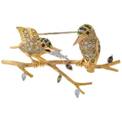 Handmade 18 Carat Yellow and White Gold Kingfishers Brooch