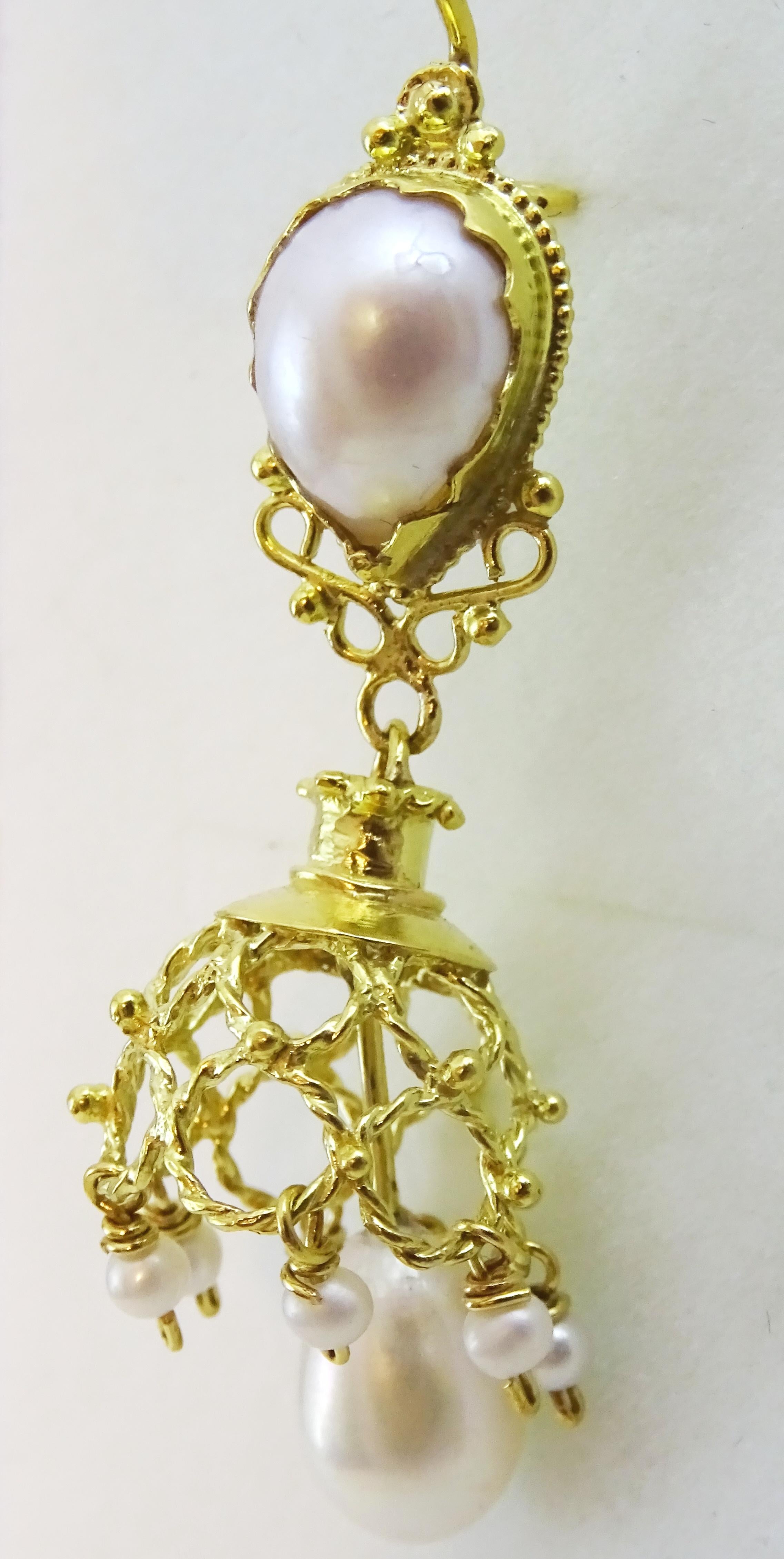 Uncut Handmade 18 Gold Earrings + Pearl For Sale