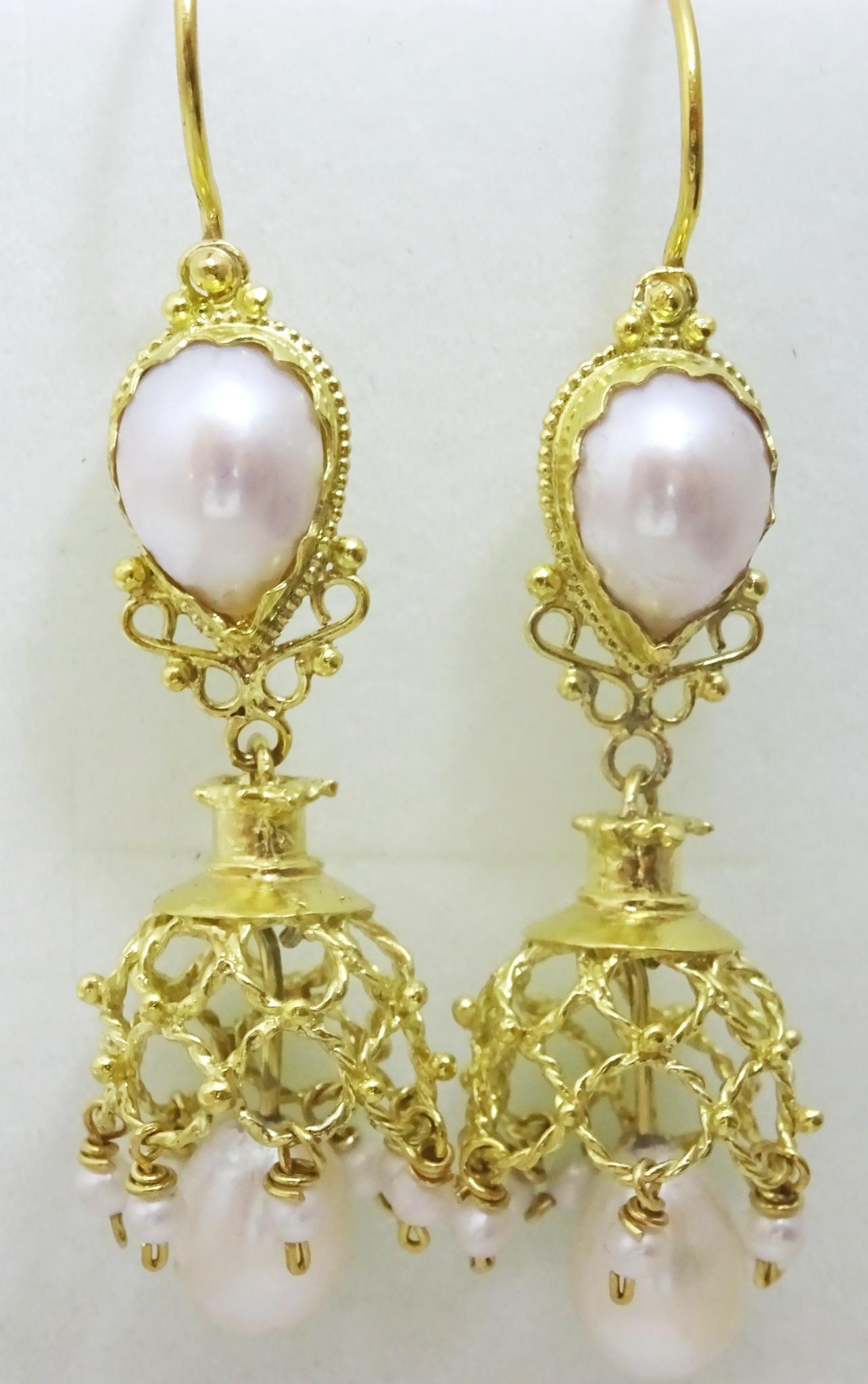 Handmade 18 Gold Earrings + Pearl For Sale 1