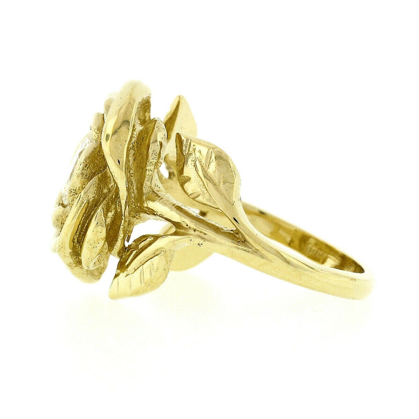 Handmade 18 Karat Gold 0.78 Carat Round Diamond Rose Flower Engraved Leaf Ring In New Condition In Montclair, NJ