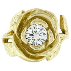 Handmade 18 Karat Gold 0.78 Carat Round Diamond Rose Flower Engraved Leaf Ring