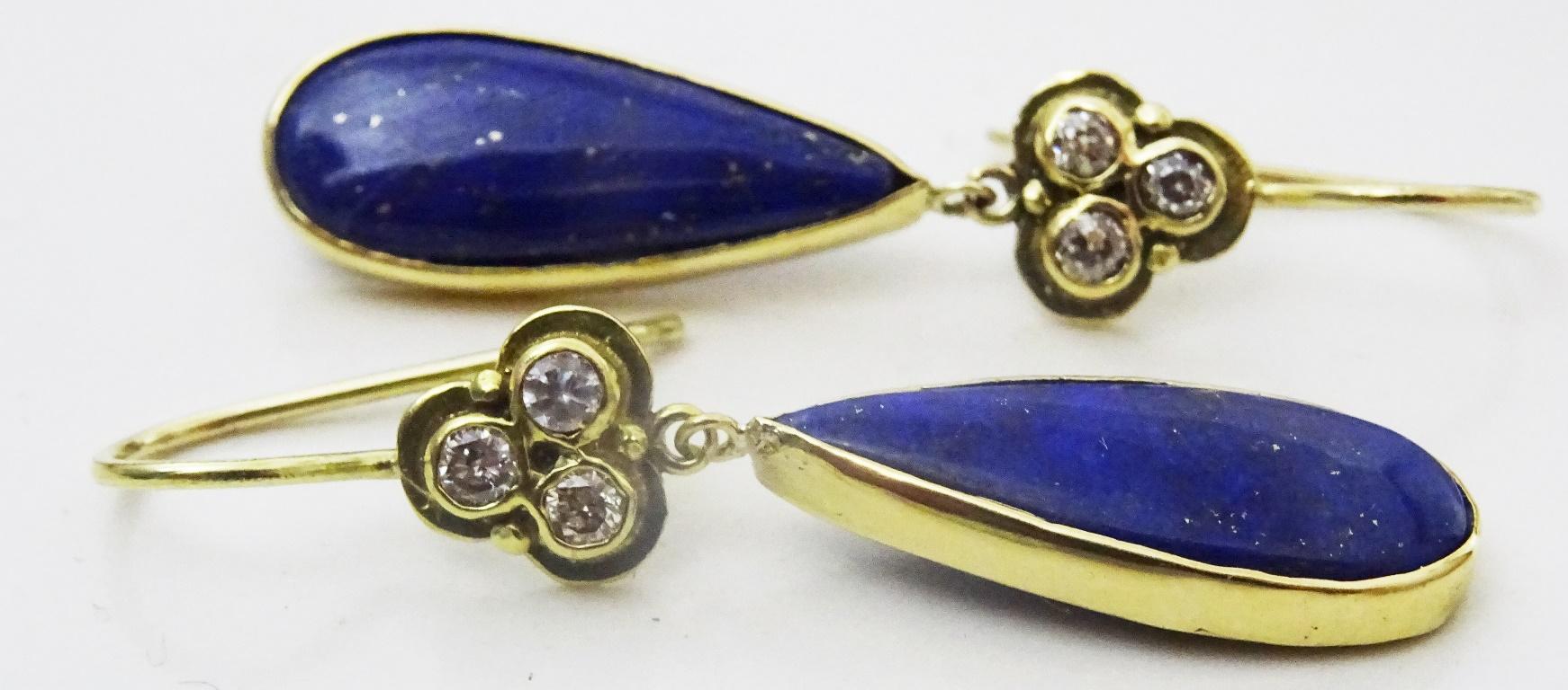  Handgefertigte Ohrringe aus 18 Karat Gold mit Diamanten und Lapislazuli Damen im Angebot